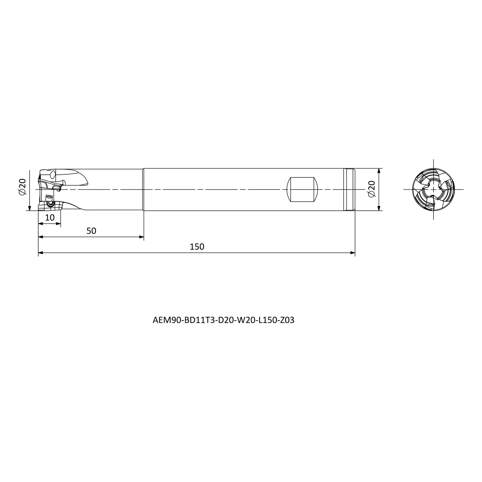 AEM90-BD11T3-D20-W20-L150-Z03 &mdash; dimensioned drawing
