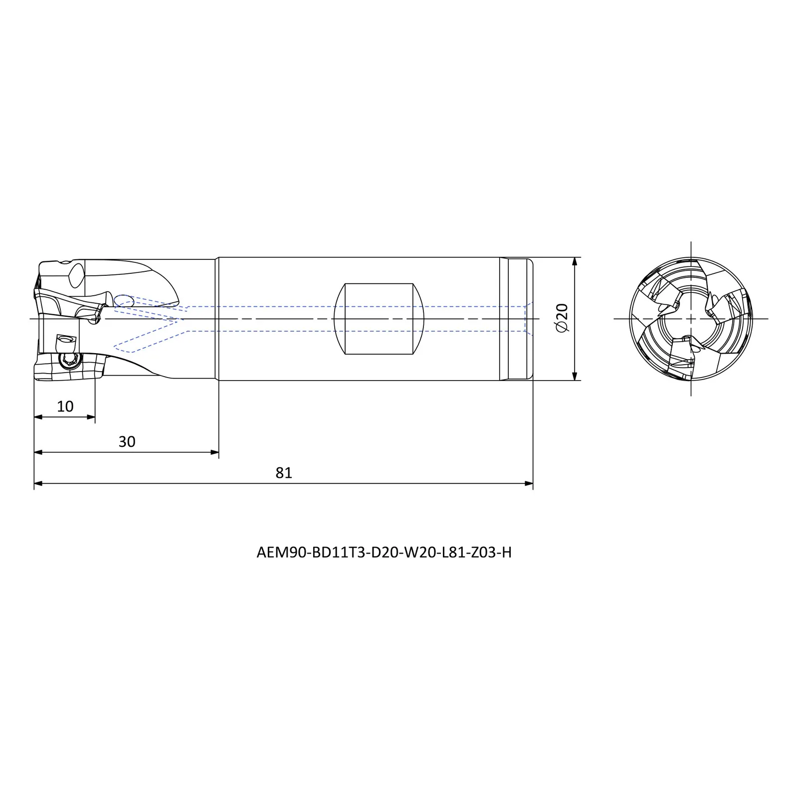 AEM90-BD11T3-D20-W20-L81-Z03-H &mdash; dimensioned drawing
