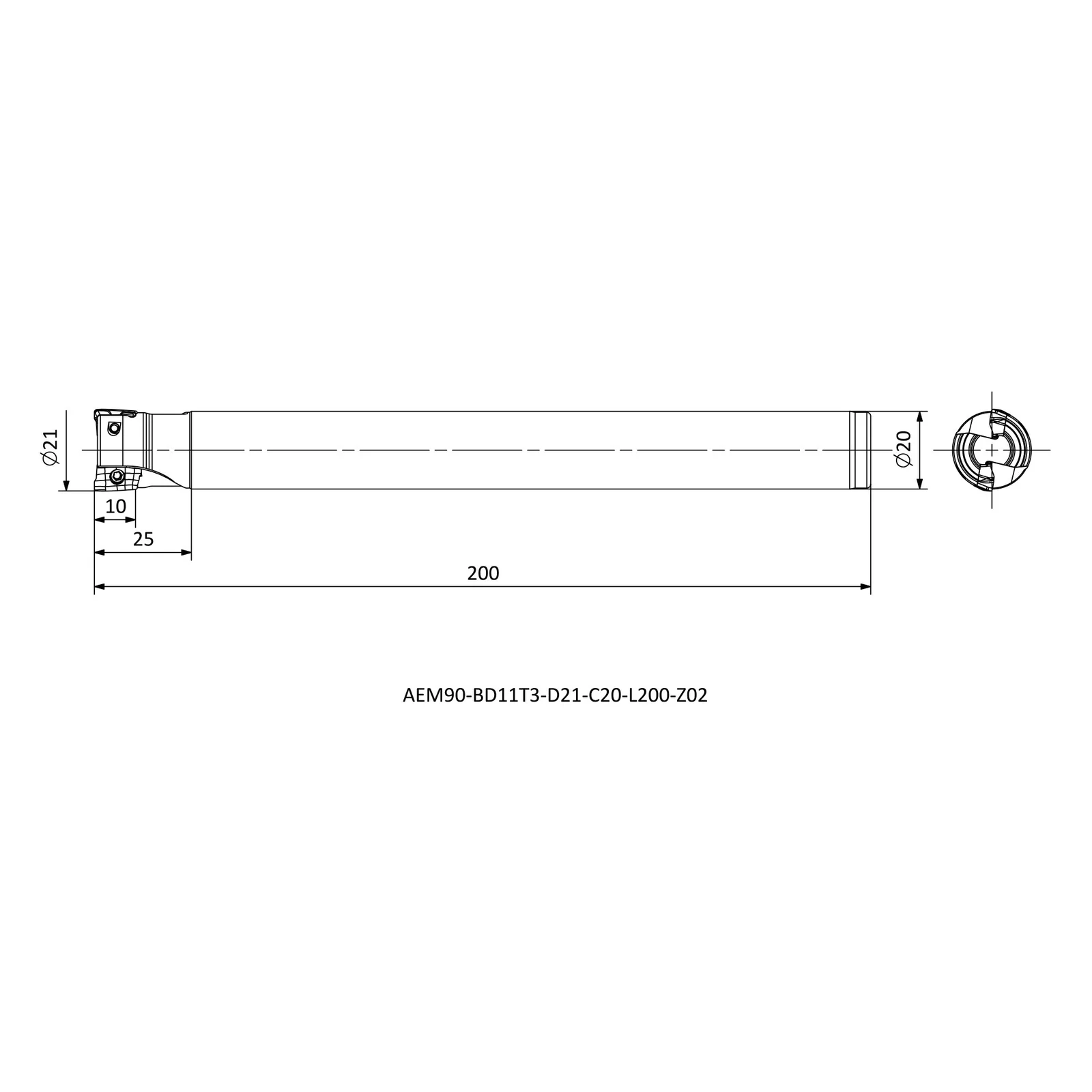 AEM90-BD11T3-D21-C20-L200-Z02 &mdash; dimensioned drawing