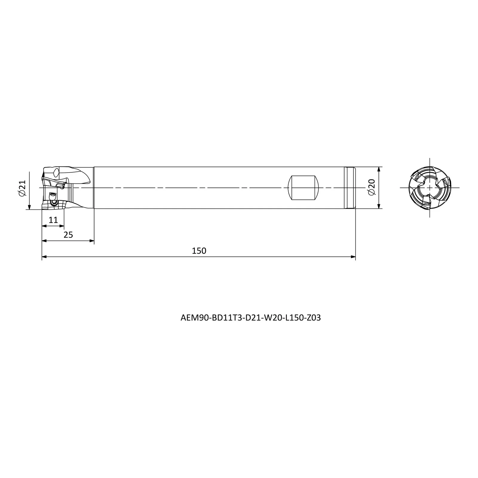 AEM90-BD11T3-D21-W20-L150-Z03 &mdash; dimensioned drawing