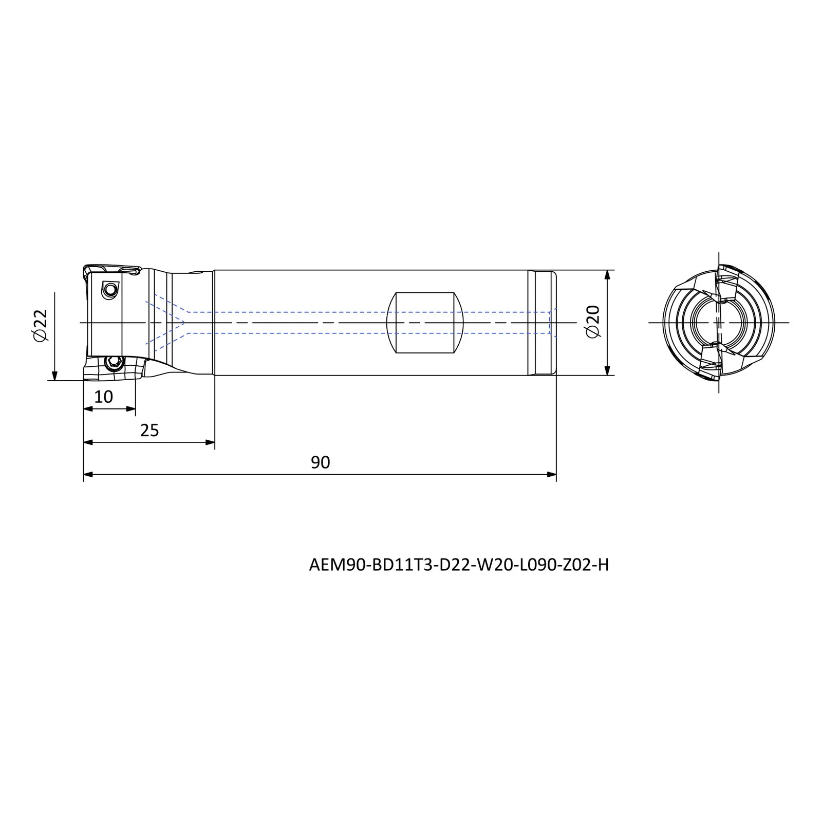 AEM90-BD11T3-D22-W20-L090-Z02-H &mdash; dimensioned drawing