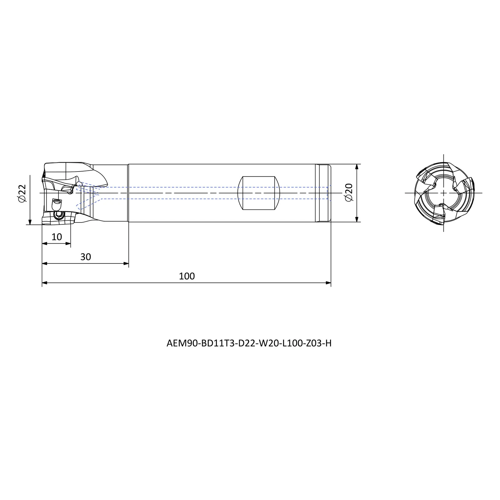 AEM90-BD11T3-D22-W20-L100-Z03-H &mdash; dimensioned drawing