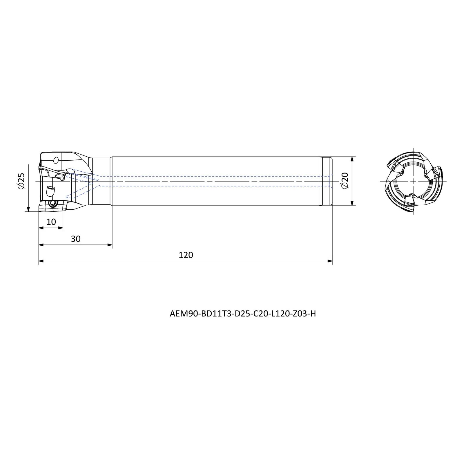 AEM90-BD11T3-D25-C20-L120-Z03-H &mdash; dimensioned drawing