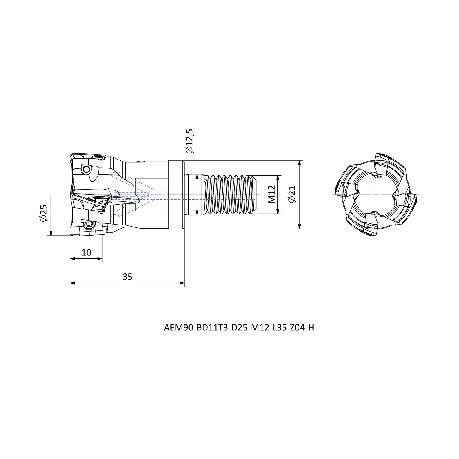 AEM90-BD11T3-D25-M12-L35-Z04-H &mdash; dimensioned drawing