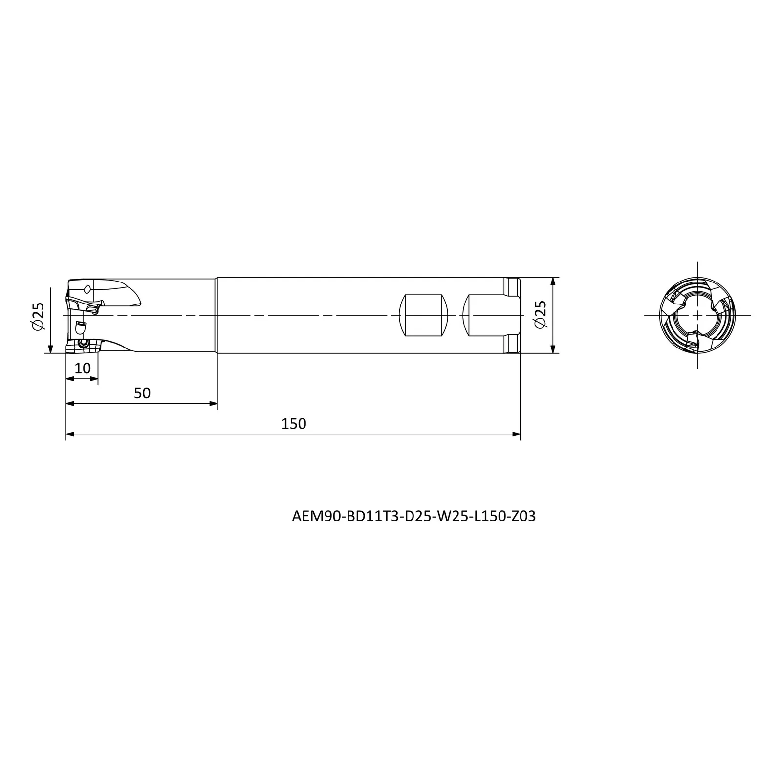 AEM90-BD11T3-D25-W25-L150-Z03 &mdash; dimensioned drawing