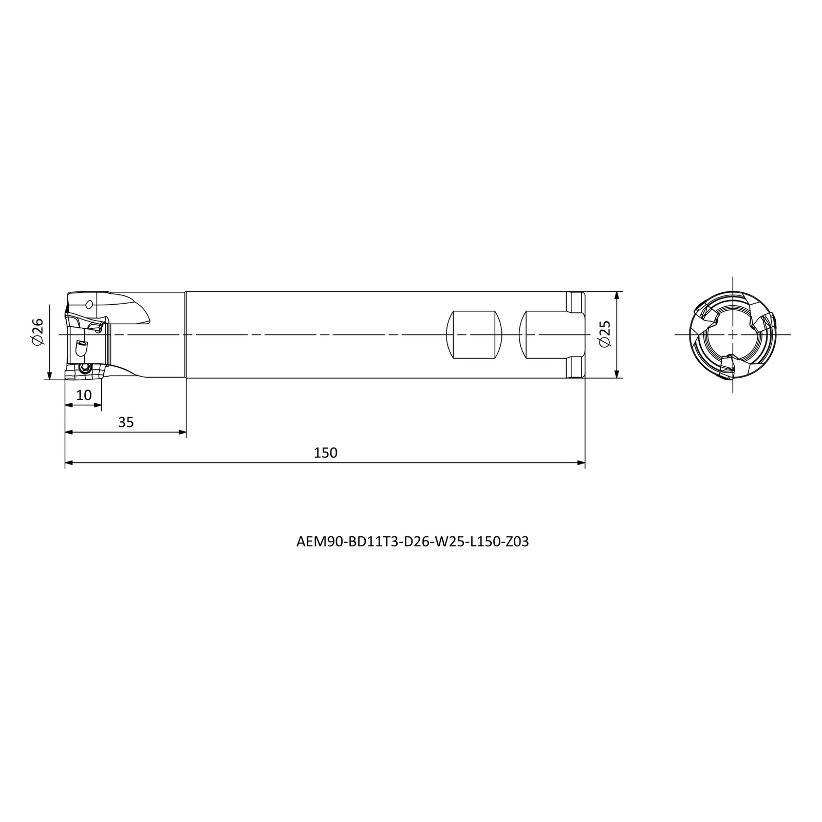 AEM90-BD11T3-D26-W25-L150-Z03 &mdash; dimensioned drawing