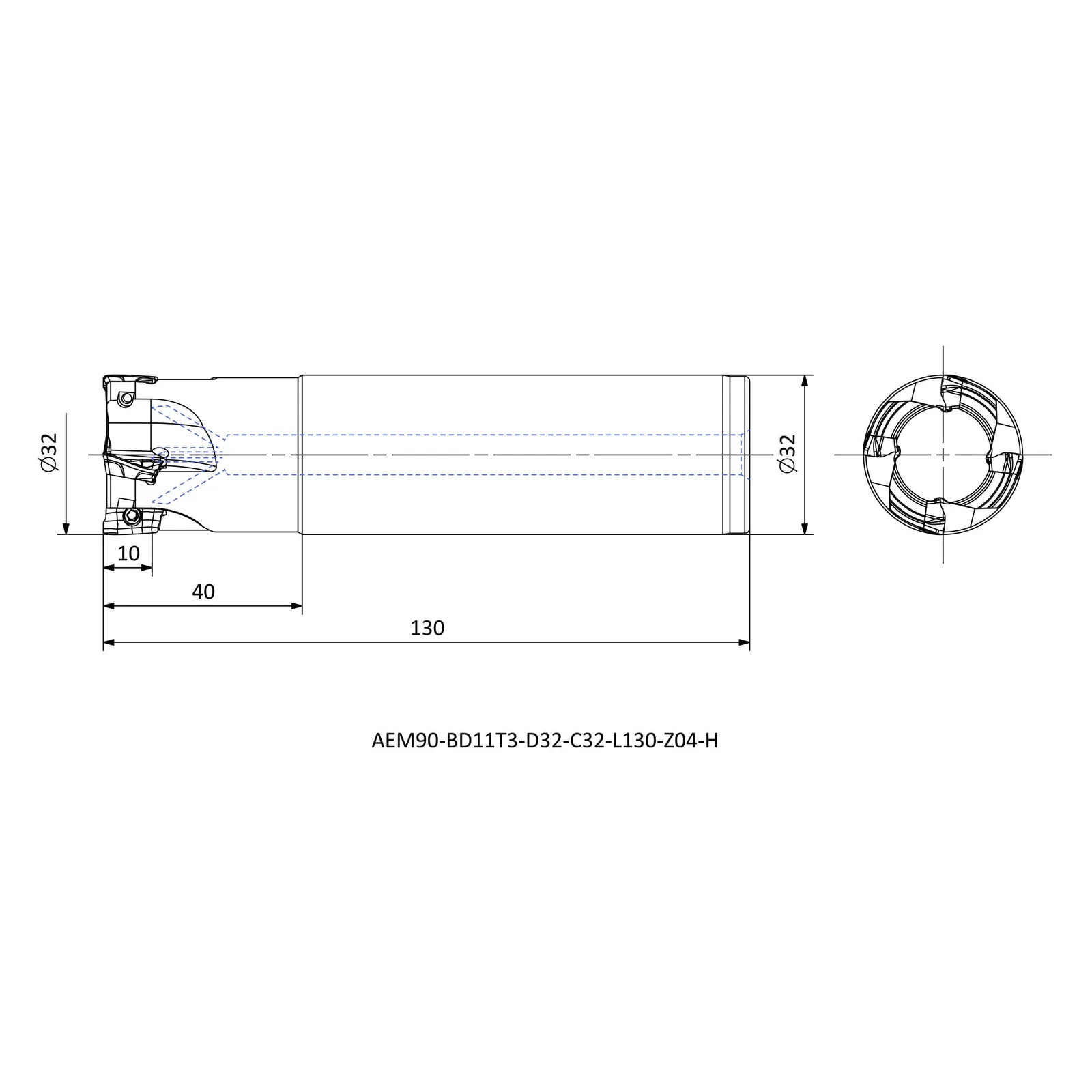 AEM90-BD11T3-D32-C32-L130-Z04-H &mdash; dimensioned drawing