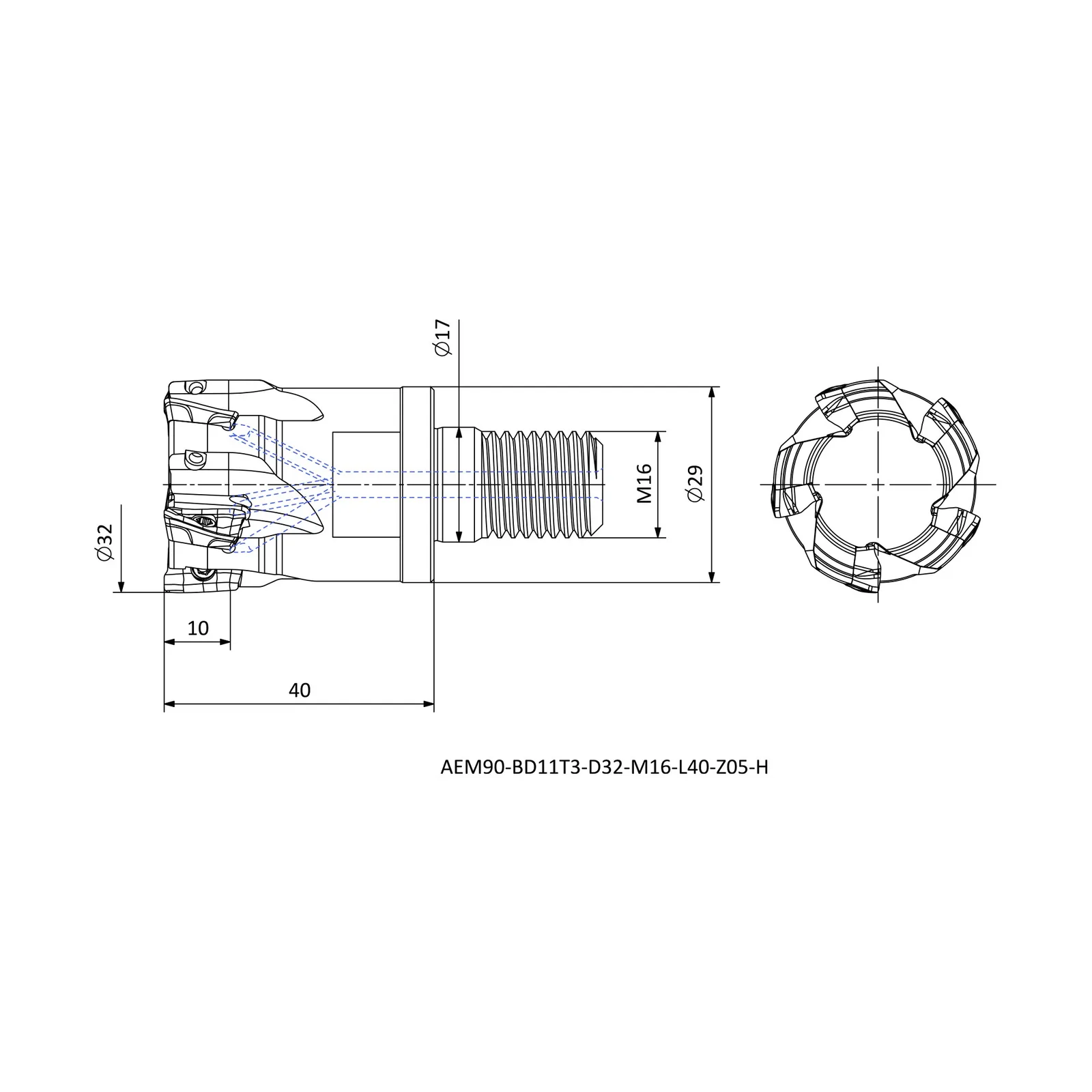 AEM90-BD11T3-D32-M16-L40-Z05-H &mdash; dimensioned drawing