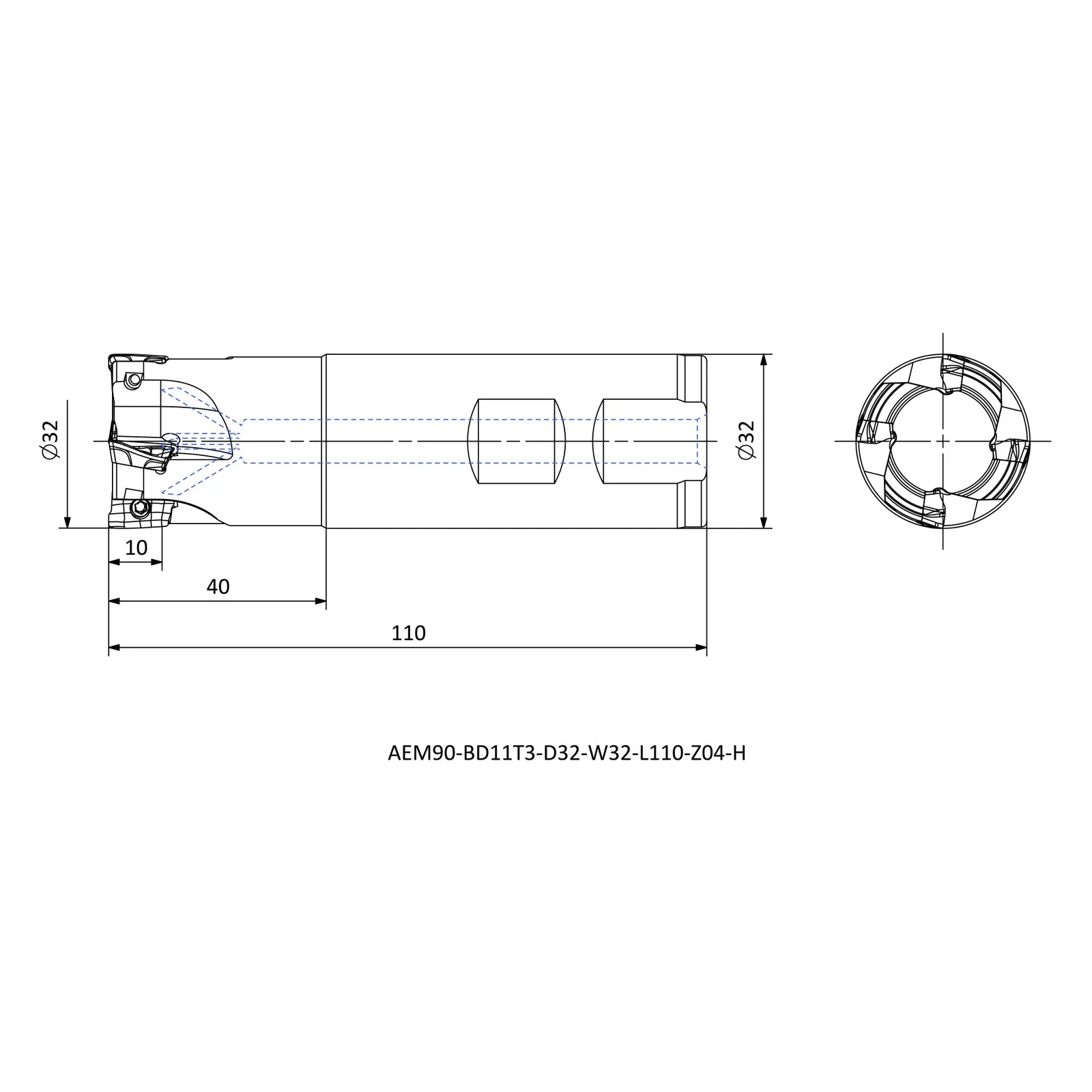 AEM90-BD11T3-D32-W32-L110-Z04-H &mdash; dimensioned drawing