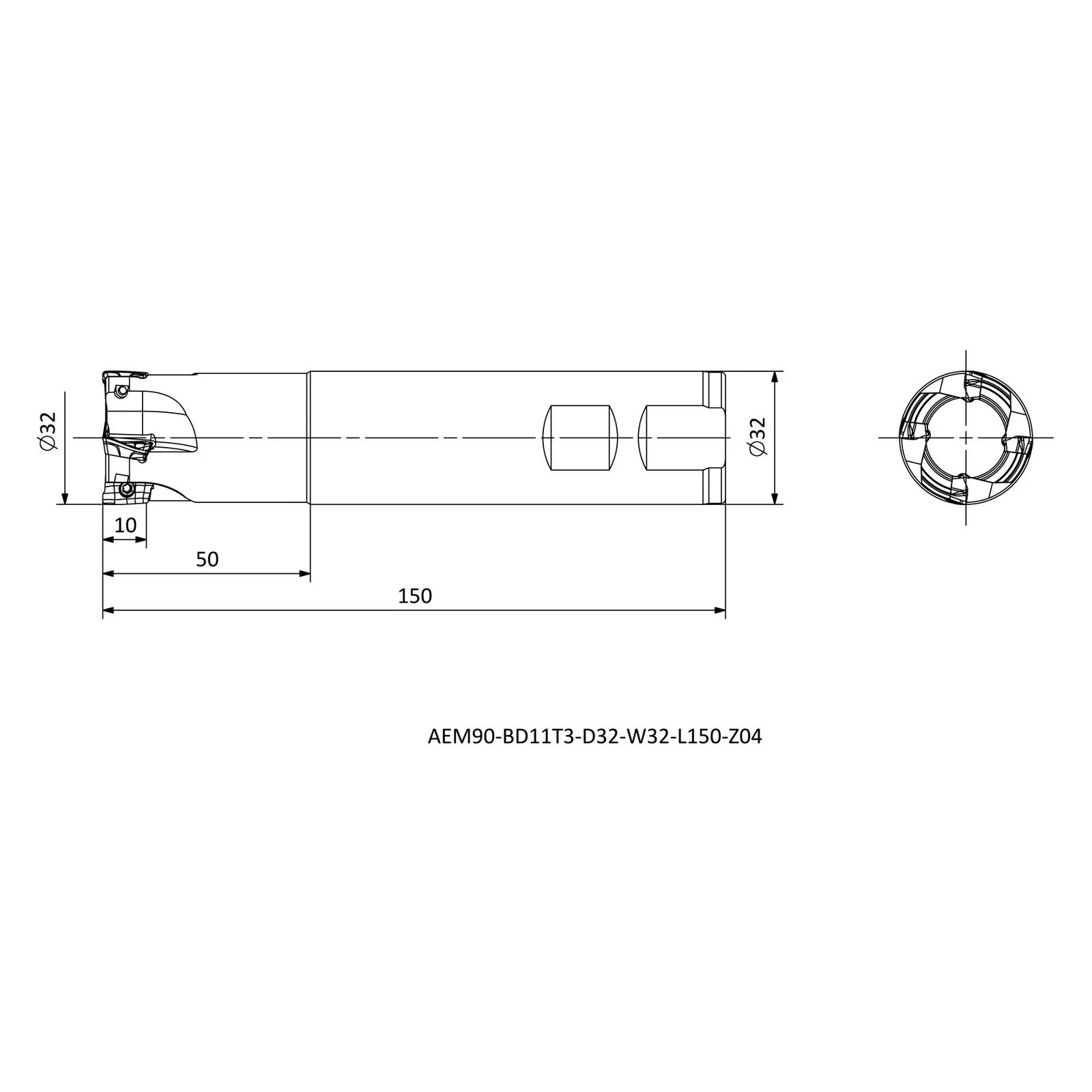 AEM90-BD11T3-D32-W32-L150-Z04 &mdash; dimensioned drawing