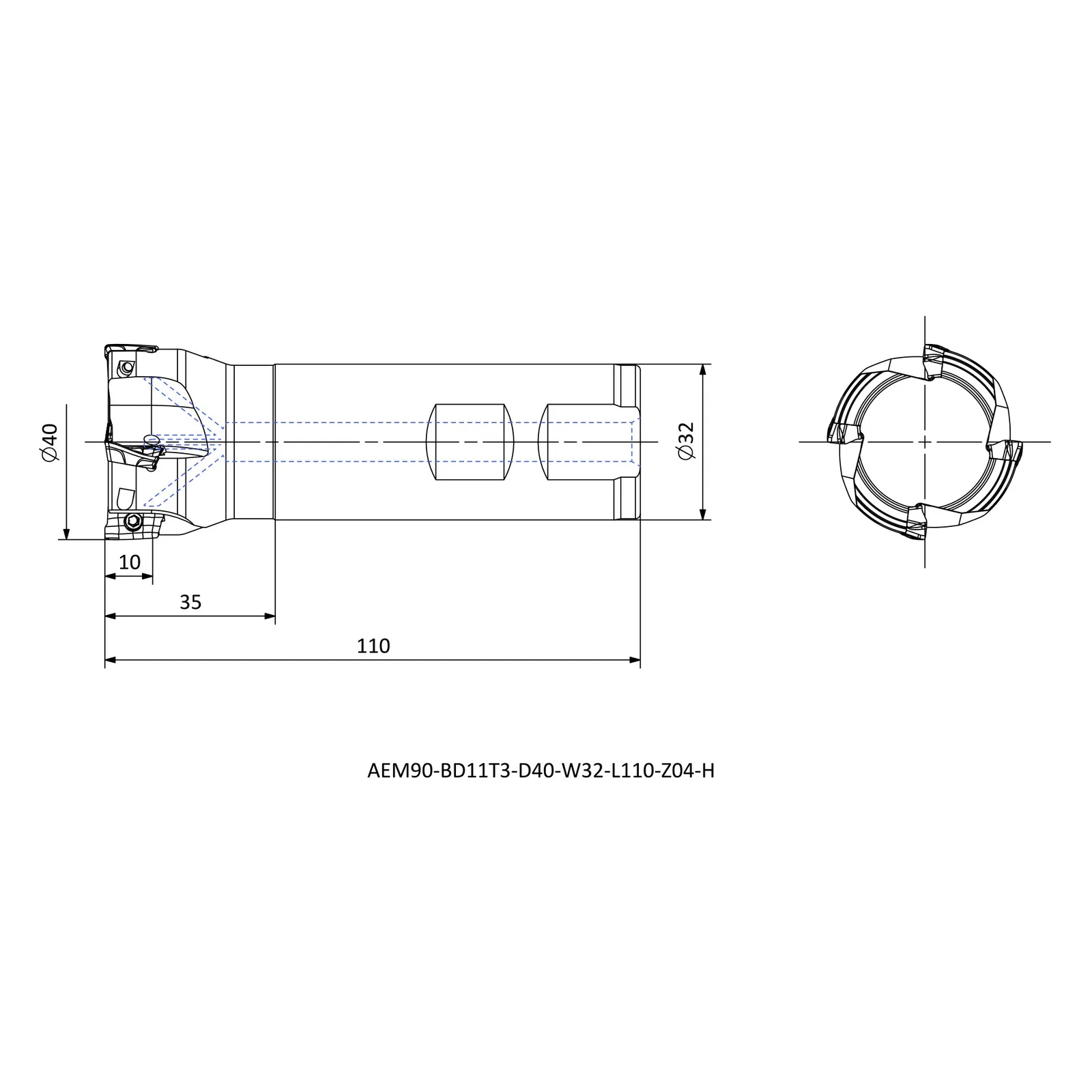 AEM90-BD11T3-D40-W32-L110-Z04-H &mdash; dimensioned drawing