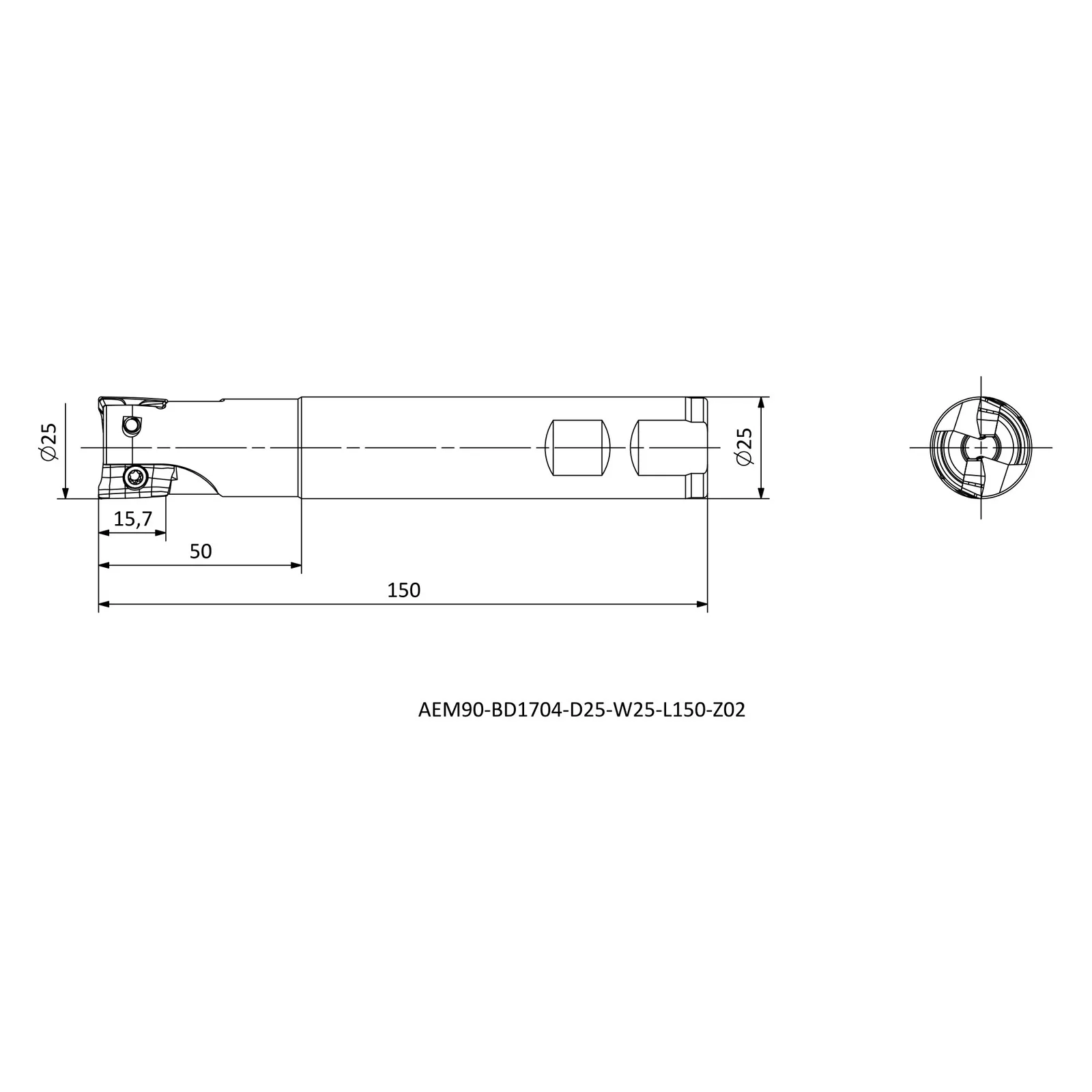 AEM90-BD1704-D25-W25-L150-Z02 &mdash; dimensioned drawing