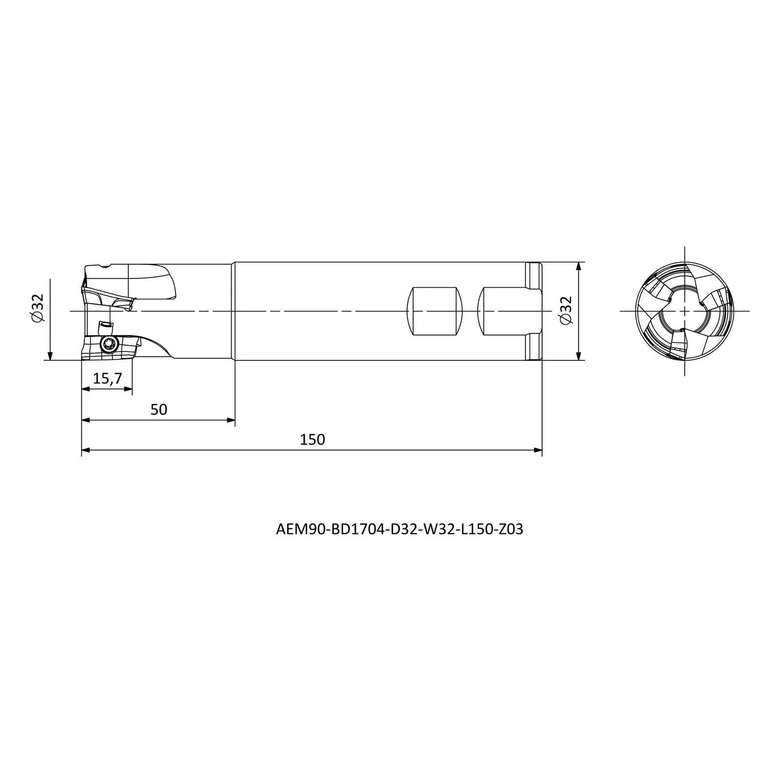 AEM90-BD1704-D32-W32-L150-Z03 &mdash; dimensioned drawing