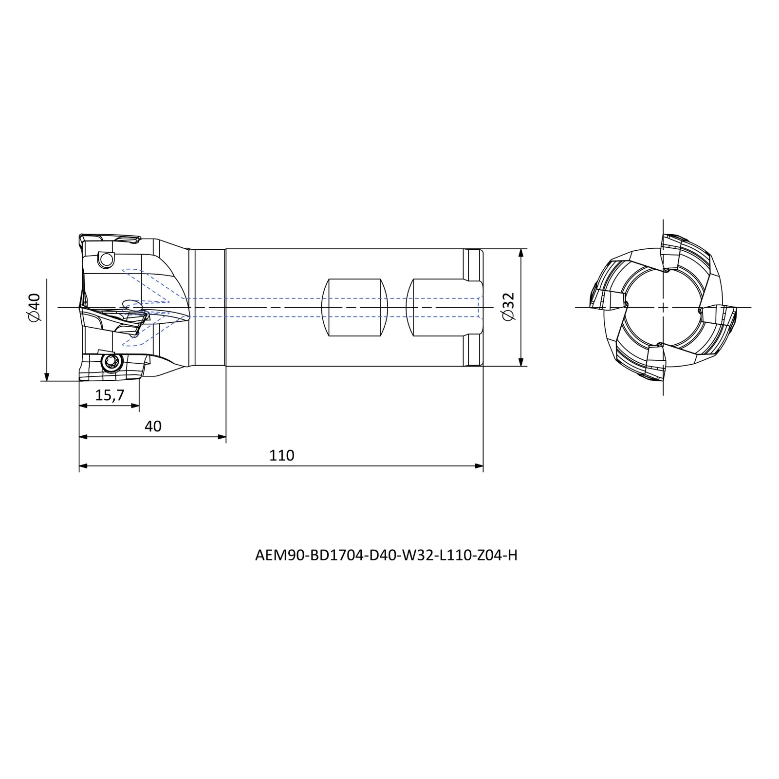 AEM90-BD1704-D40-W32-L110-Z04-H &mdash; dimensioned drawing