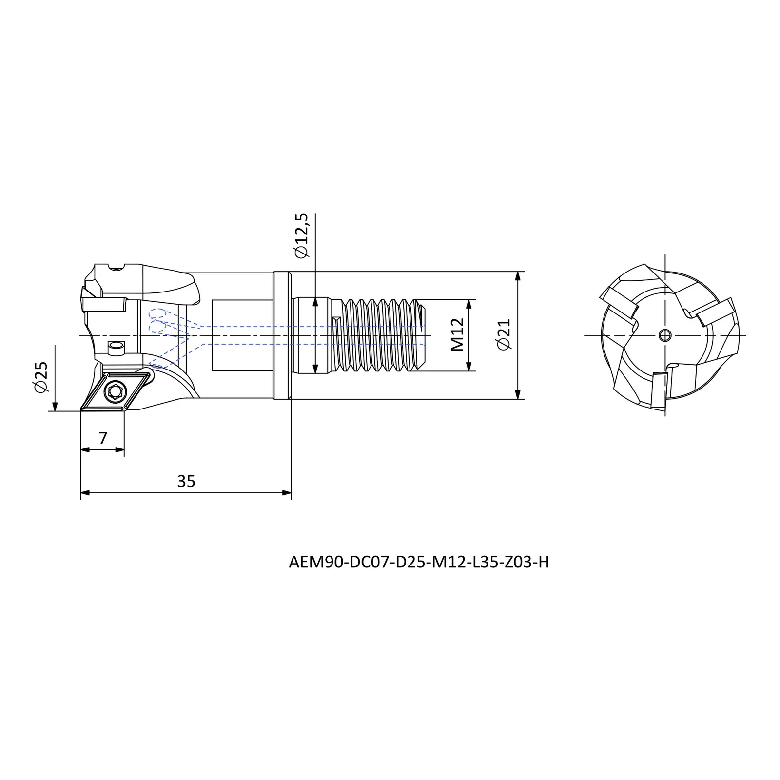 AEM90-DC07-D25-M12-L35-Z03-H &mdash; dimensioned drawing