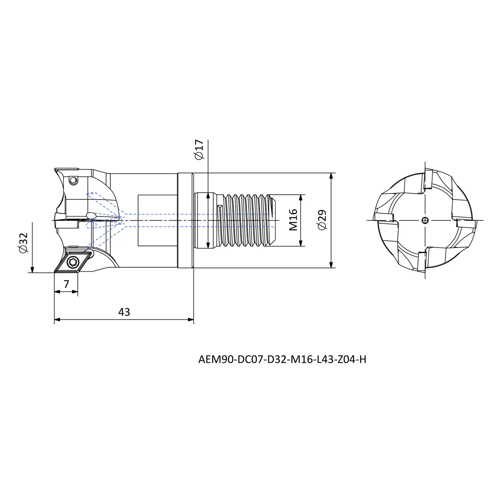 AEM90-DC07-D32-M16-L43-Z04-H &mdash; dimensioned drawing