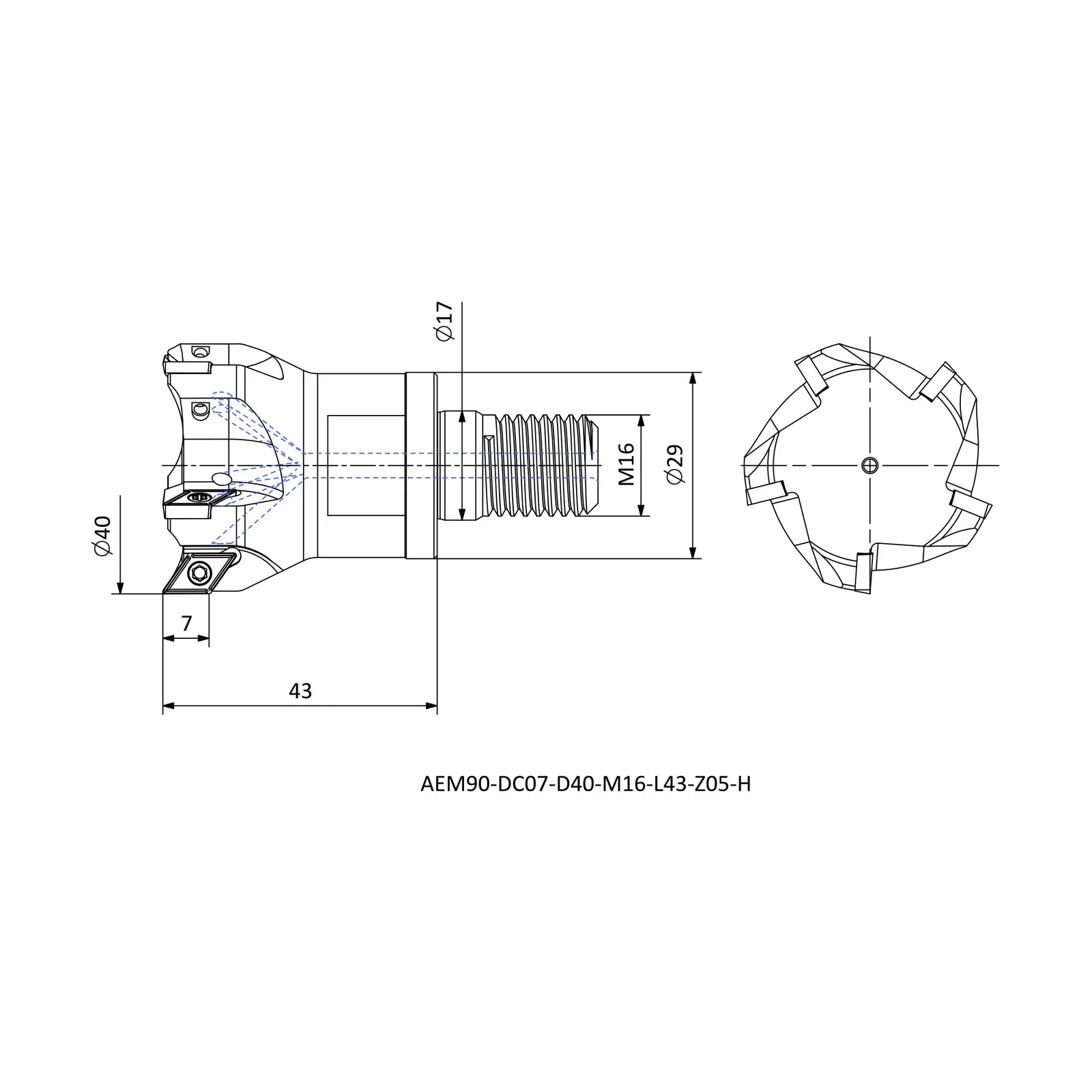 AEM90-DC07-D40-M16-L43-Z05-H &mdash; dimensioned drawing