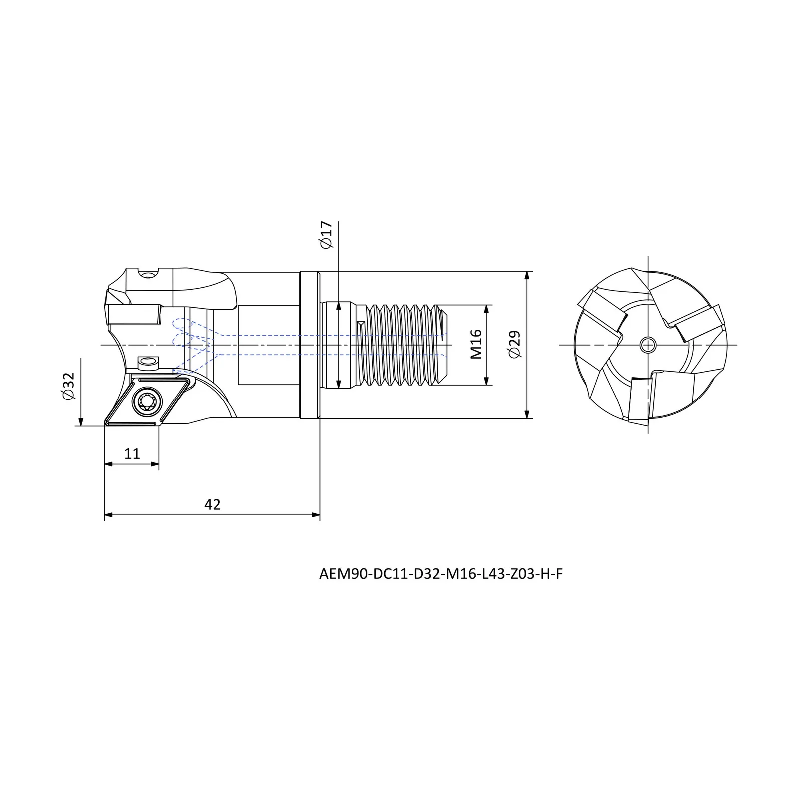 AEM90-DC11-D32-M16-L43-Z03-H-F &mdash; dimensioned drawing