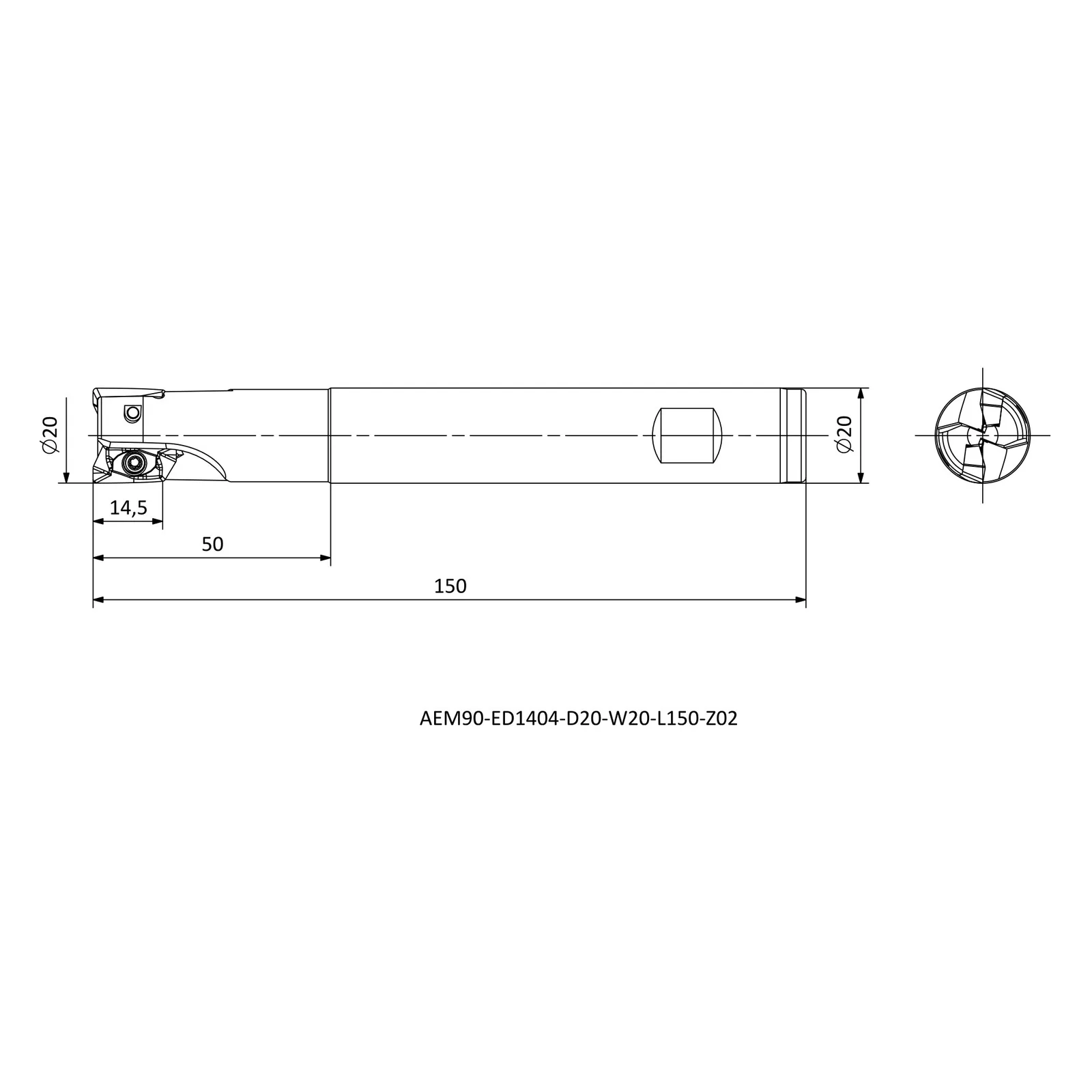 AEM90-ED1404-D20-W20-L150-Z02 &mdash; dimensioned drawing