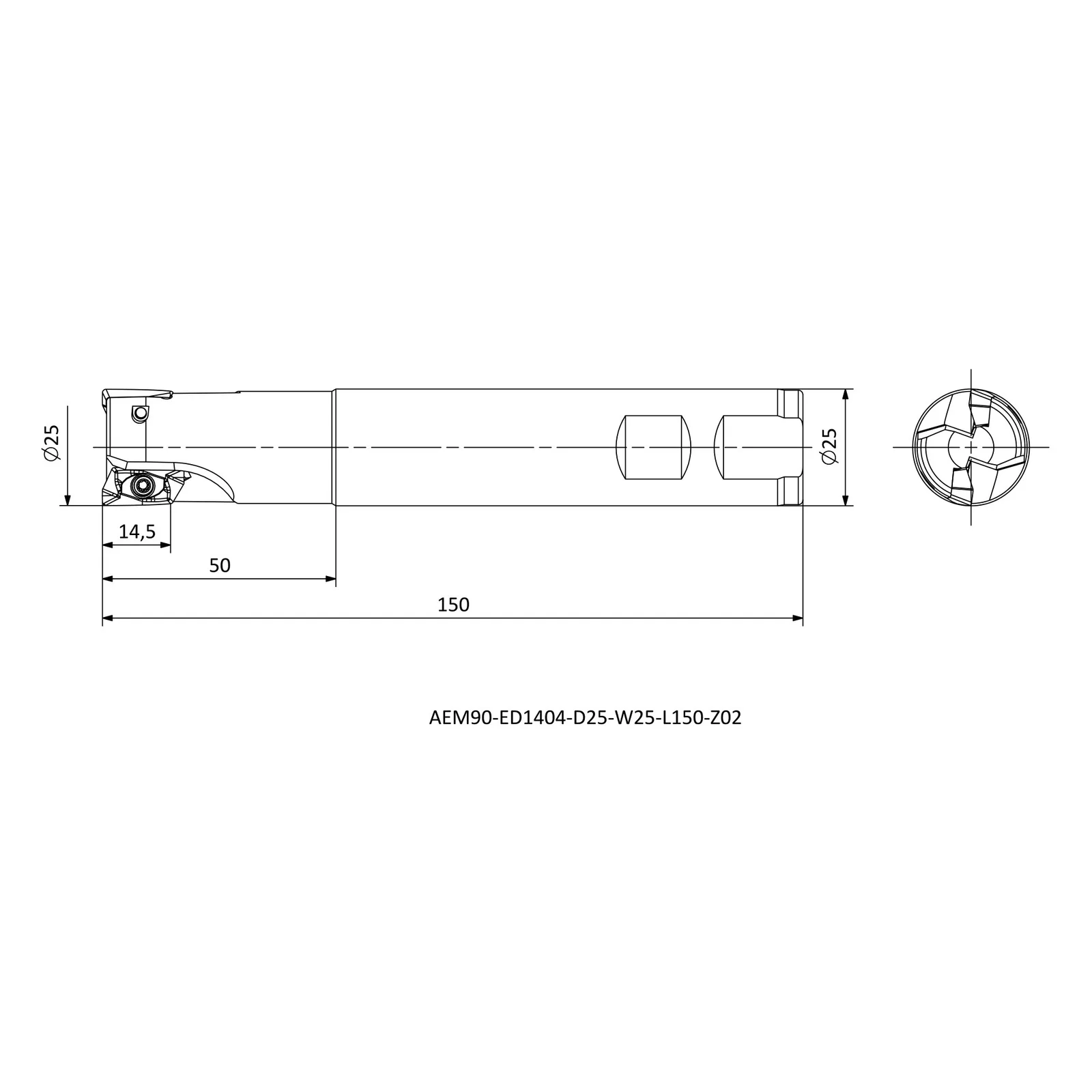 AEM90-ED1404-D25-W25-L150-Z02 &mdash; dimensioned drawing