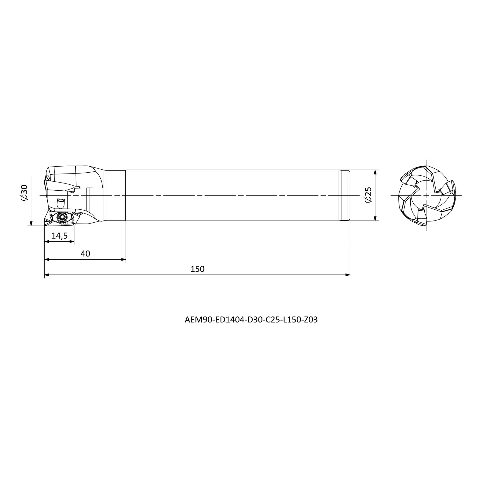 AEM90-ED1404-D30-C25-L150-Z03 &mdash; dimensioned drawing