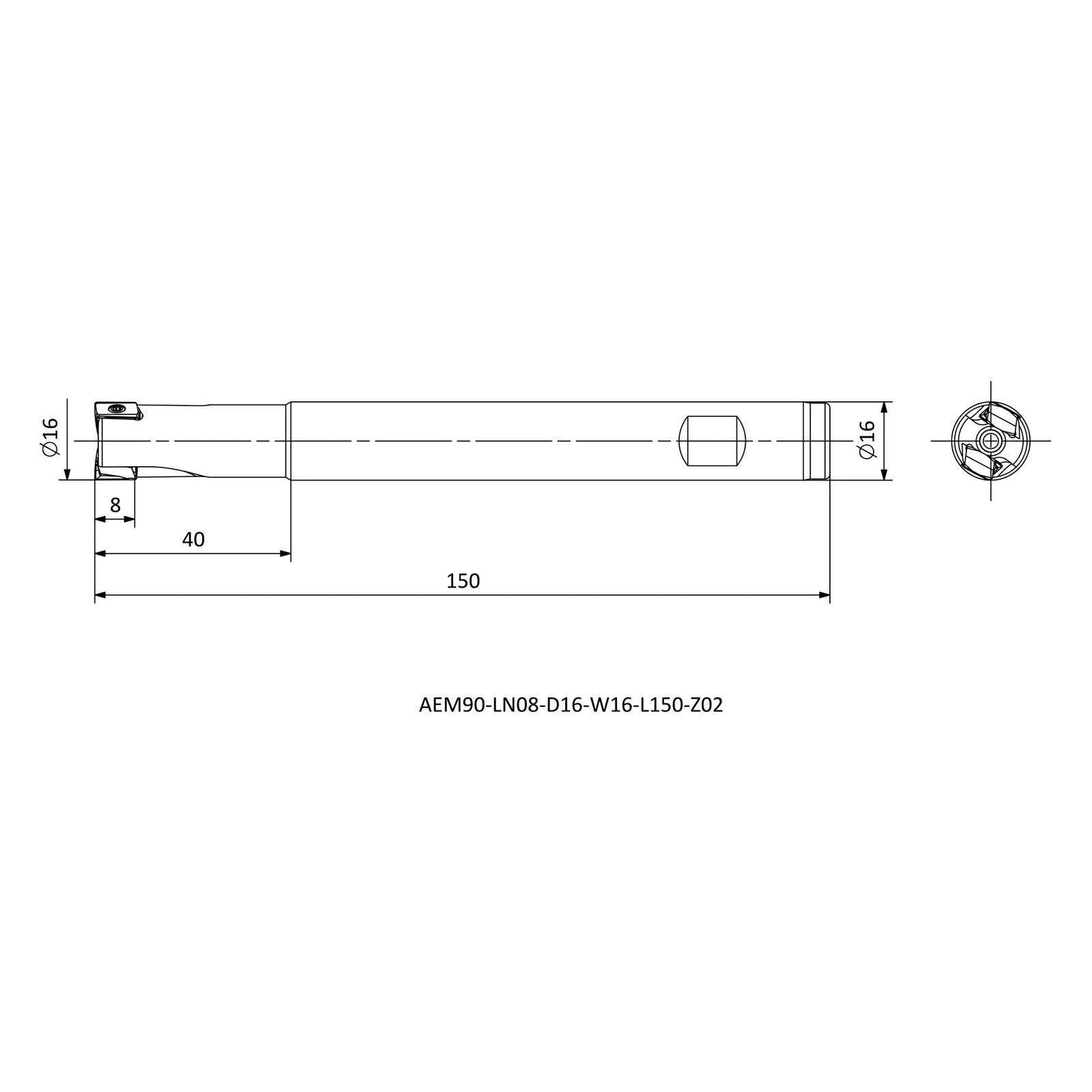 AEM90-LN08-D16-W16-L150-Z02 &mdash; dimensioned drawing