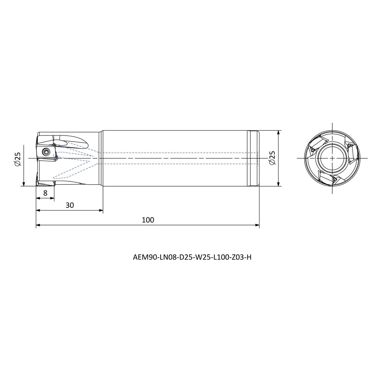 AEM90-LN08-D25-W25-L100-Z03-H &mdash; dimensioned drawing