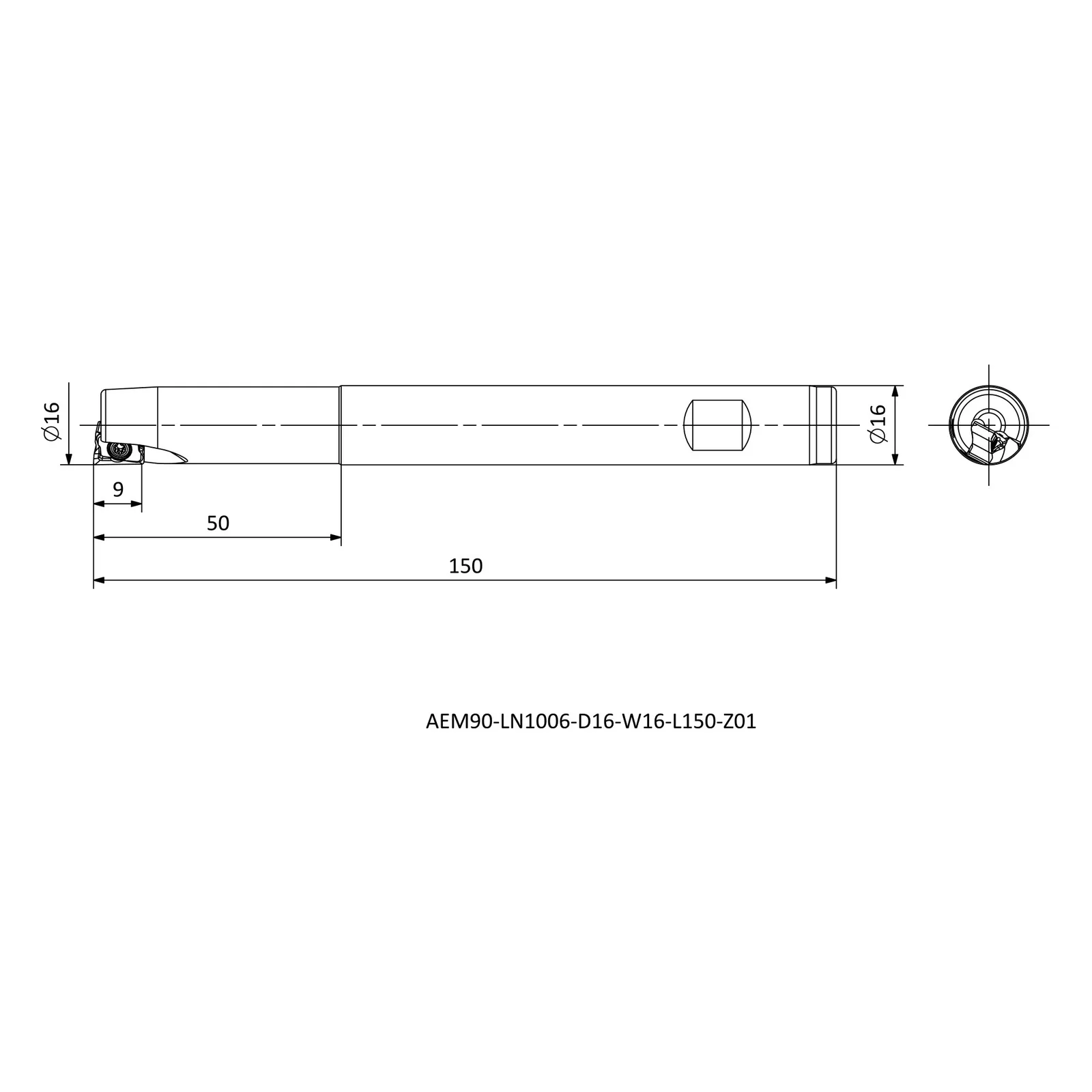 AEM90-LN1006-D16-W16-L150-Z01 &mdash; dimensioned drawing