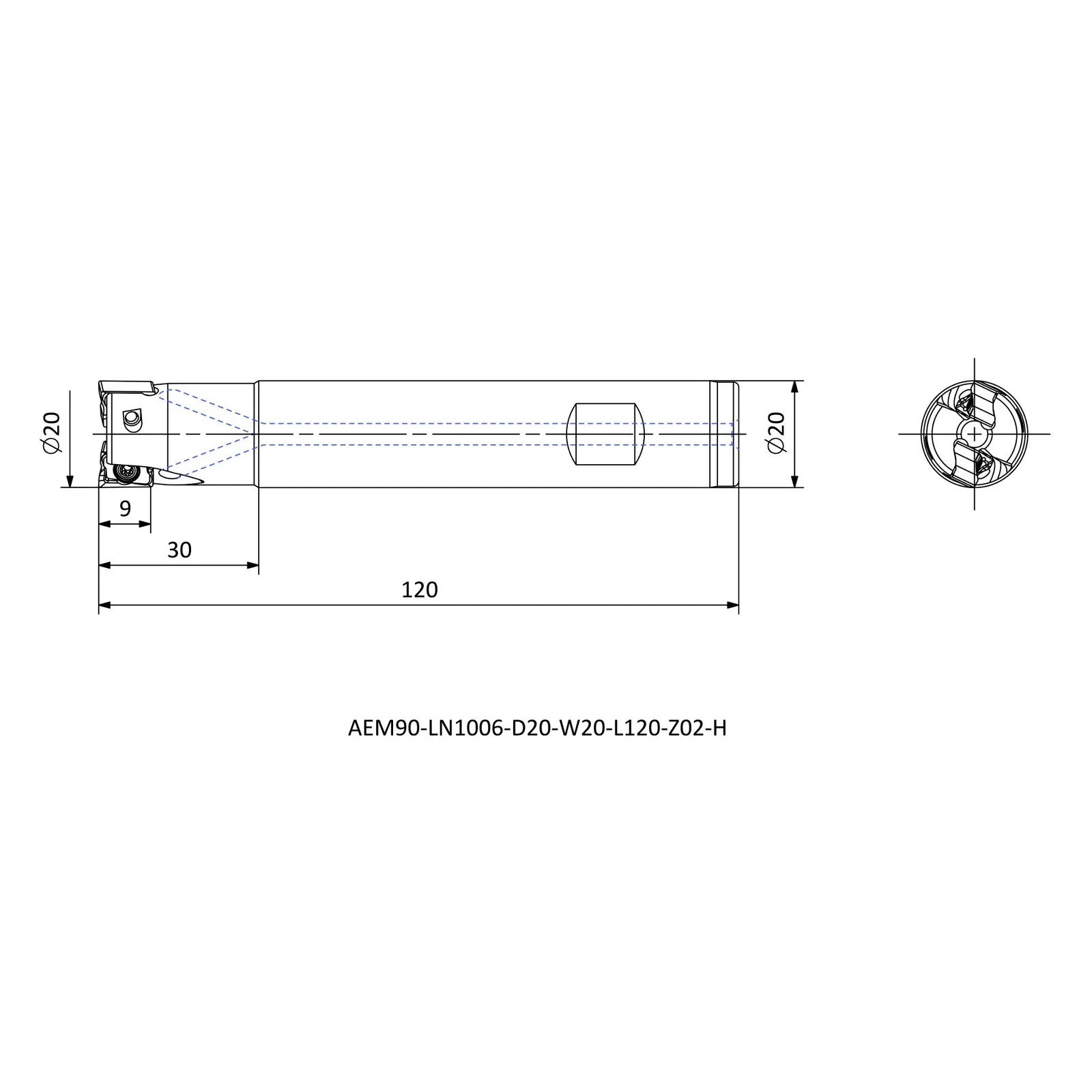 AEM90-LN1006-D20-W20-L120-Z02-H &mdash; dimensioned drawing