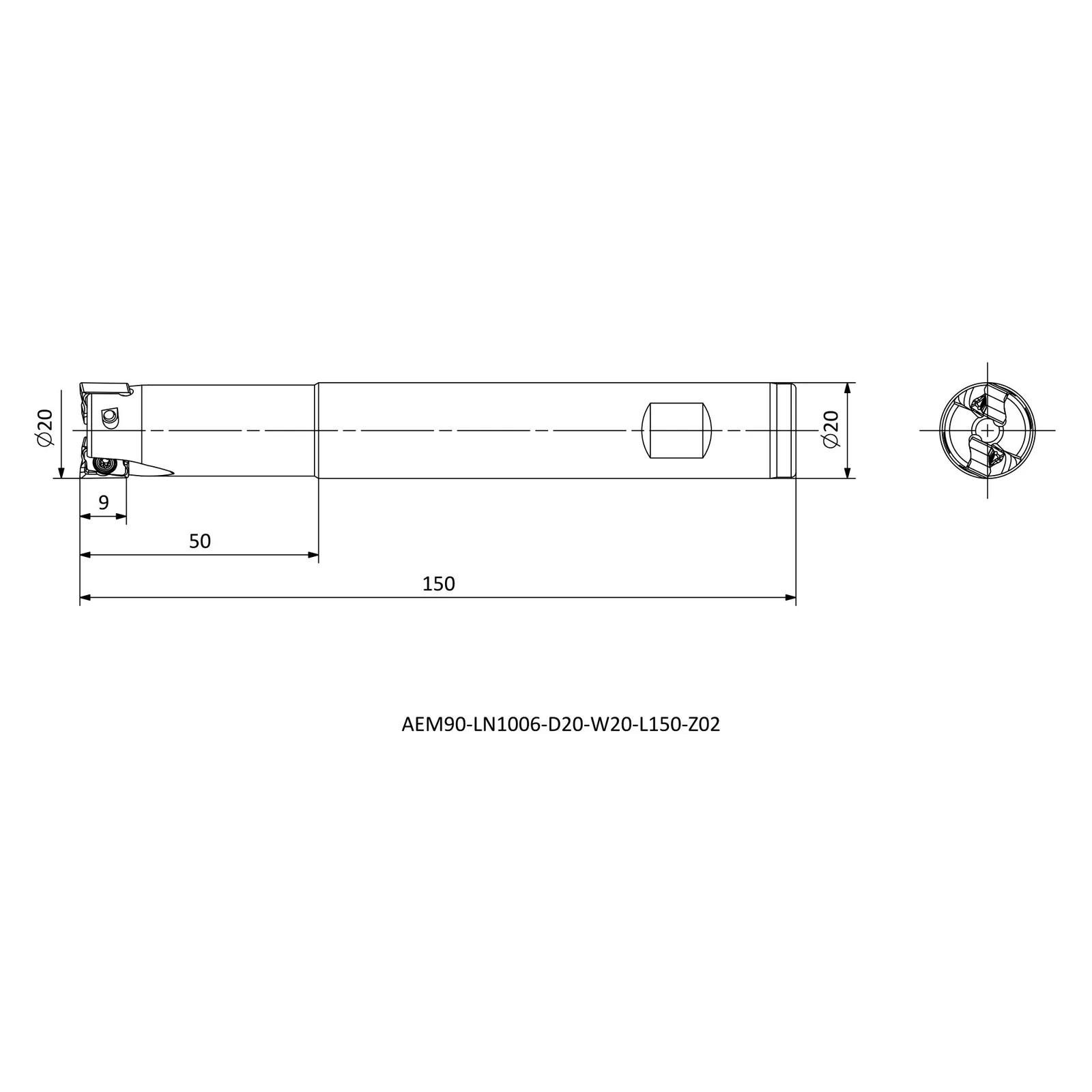 AEM90-LN1006-D20-W20-L150-Z02 &mdash; dimensioned drawing