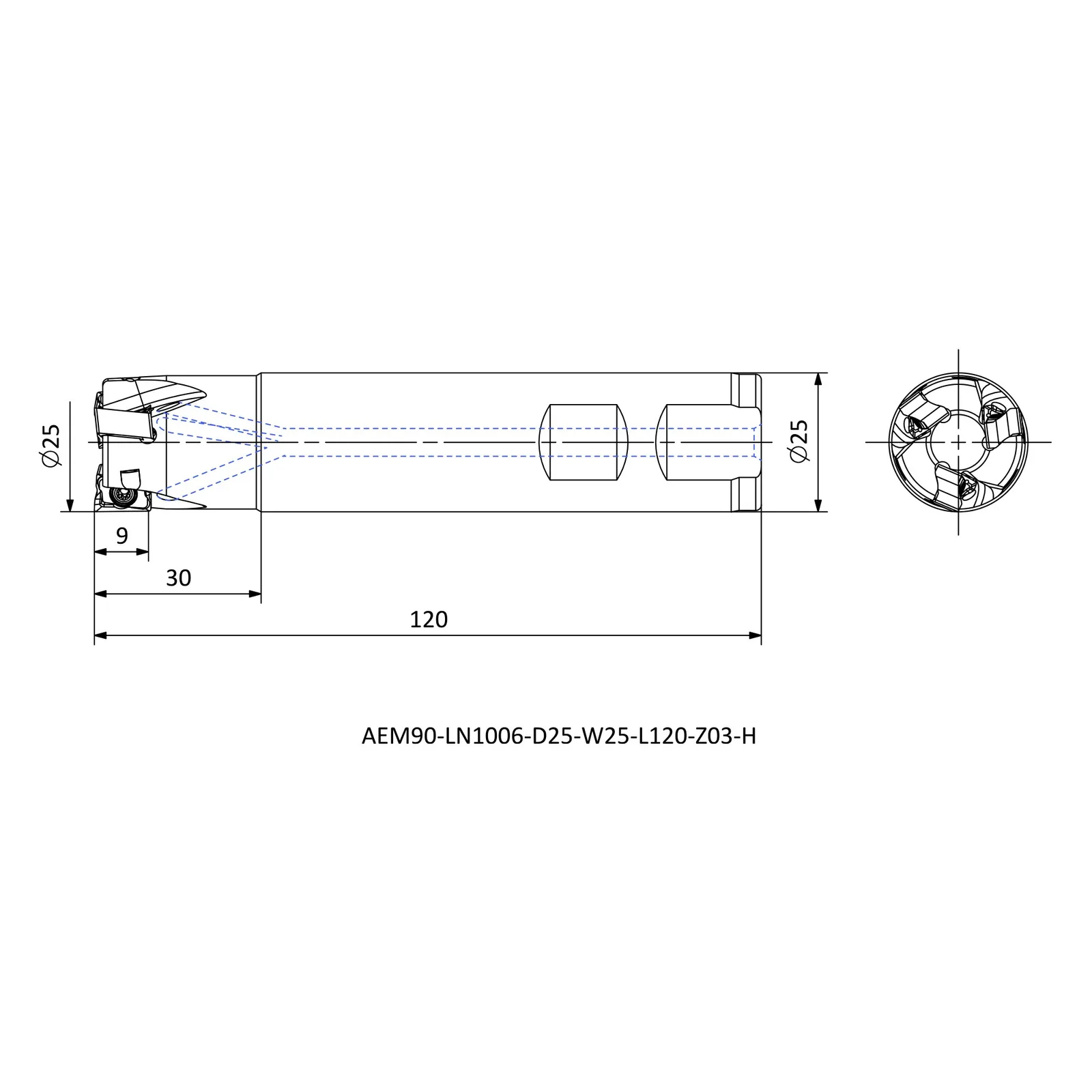 AEM90-LN1006-D25-W25-L120-Z03-H &mdash; dimensioned drawing