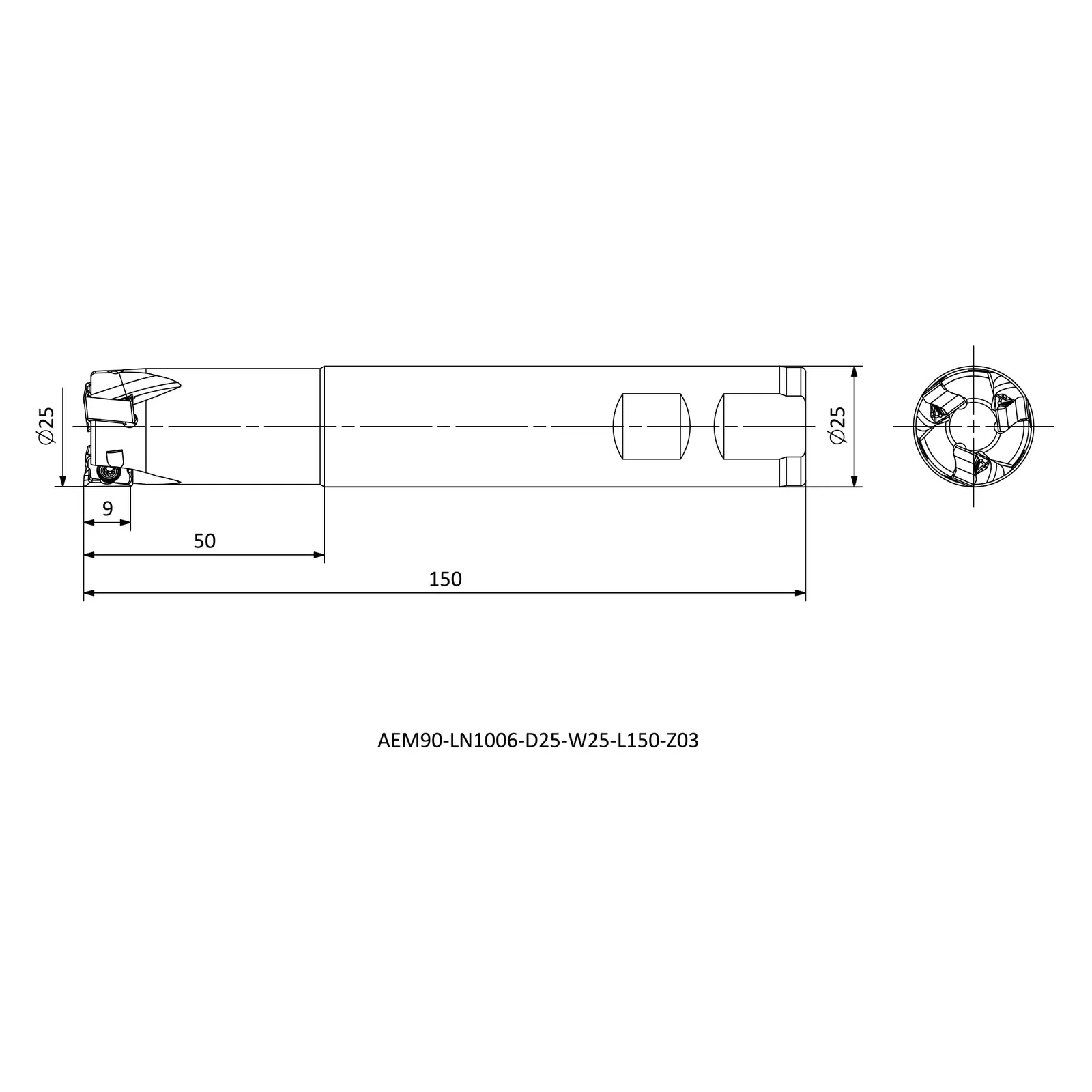 AEM90-LN1006-D25-W25-L150-Z03 &mdash; dimensioned drawing