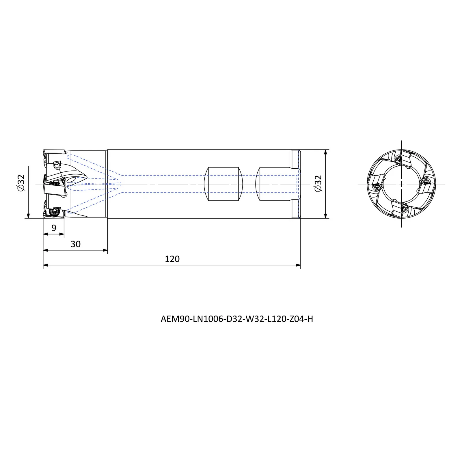 AEM90-LN1006-D32-W32-L120-Z04-H &mdash; dimensioned drawing