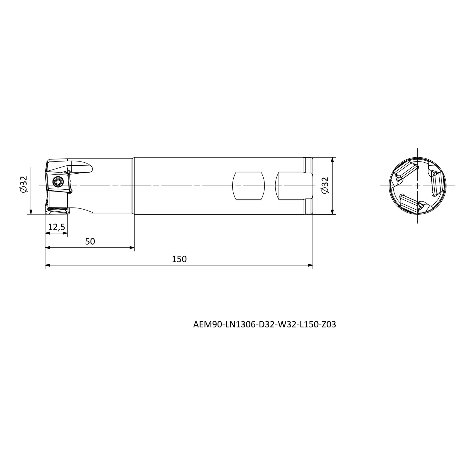 AEM90-LN1306-D32-W32-L150-Z03 &mdash; dimensioned drawing