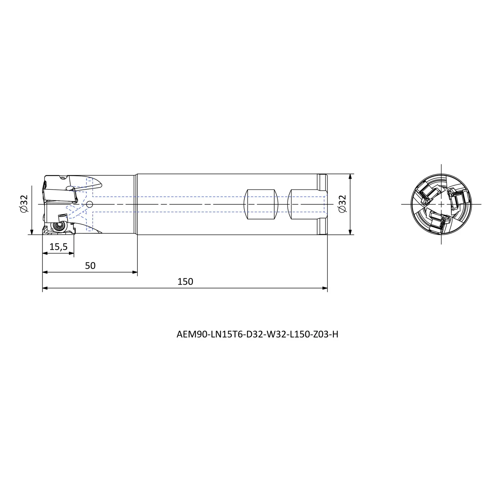 AEM90-LN15T6-D32-W32-L150-Z03-H &mdash; dimensioned drawing