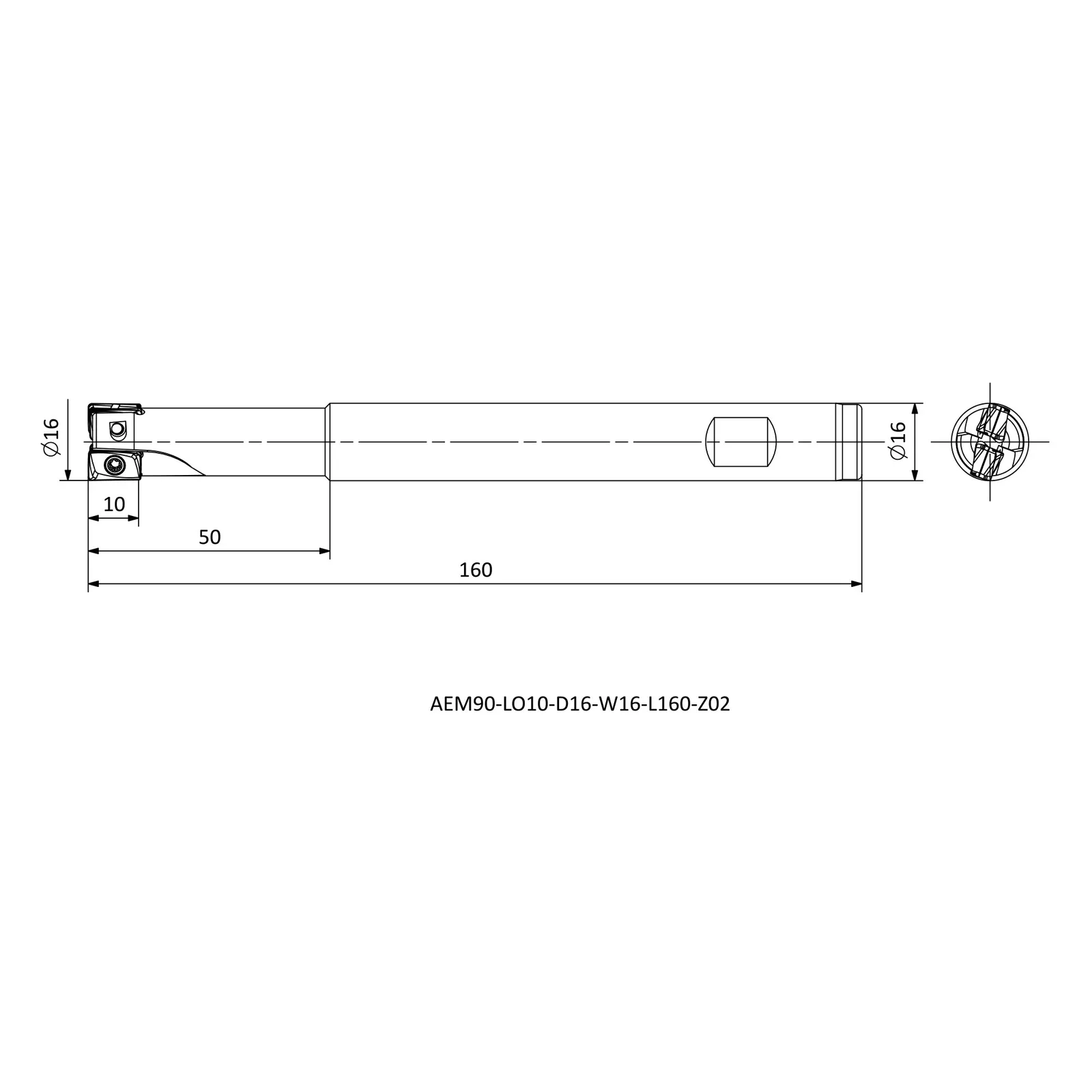 AEM90-LO10-D16-W16-L160-Z02 &mdash; dimensioned drawing