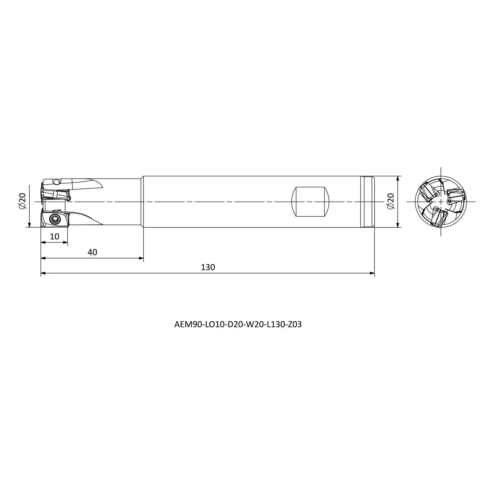 AEM90-LO10-D20-W20-L130-Z03 &mdash; dimensioned drawing