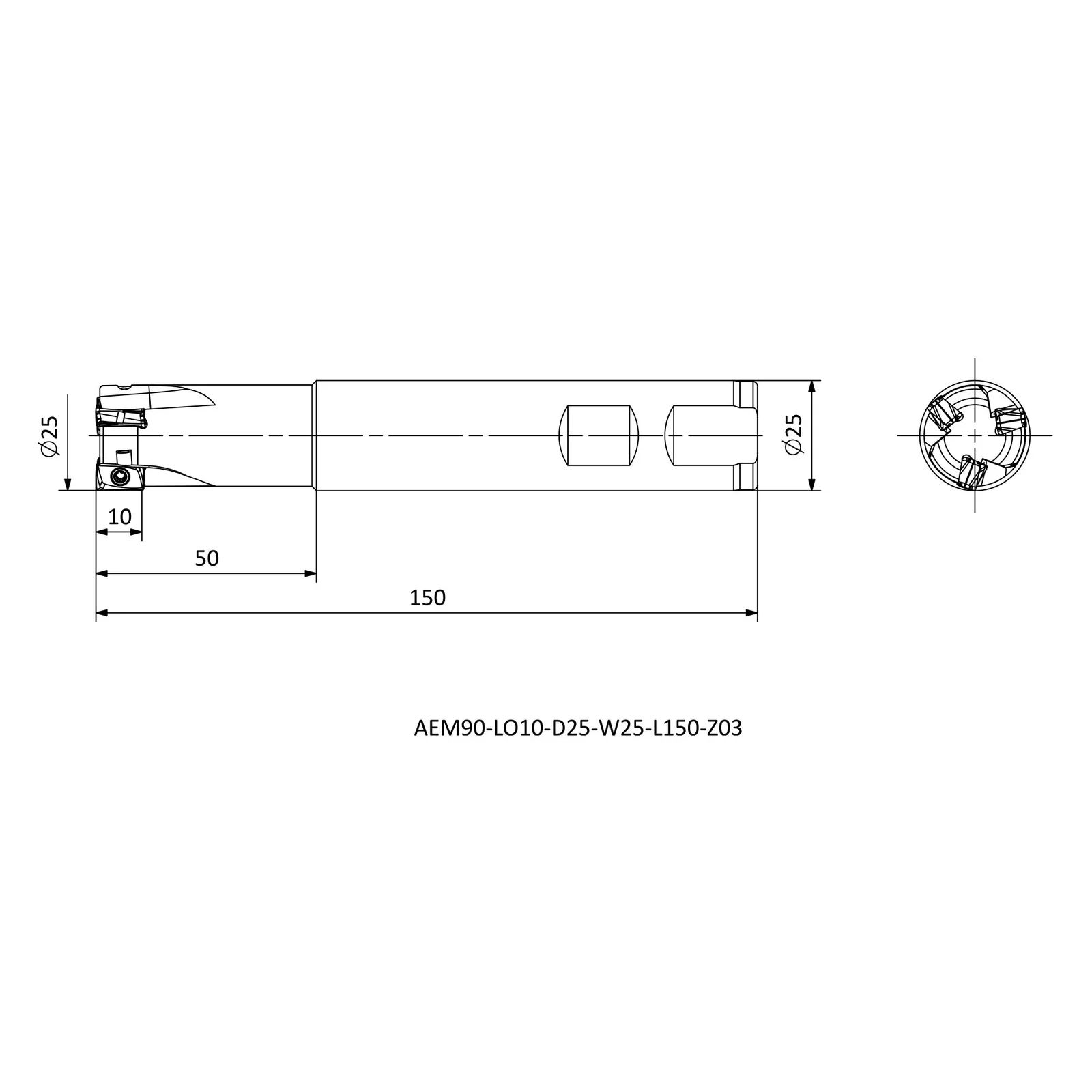 AEM90-LO10-D25-W25-L150-Z03 &mdash; dimensioned drawing