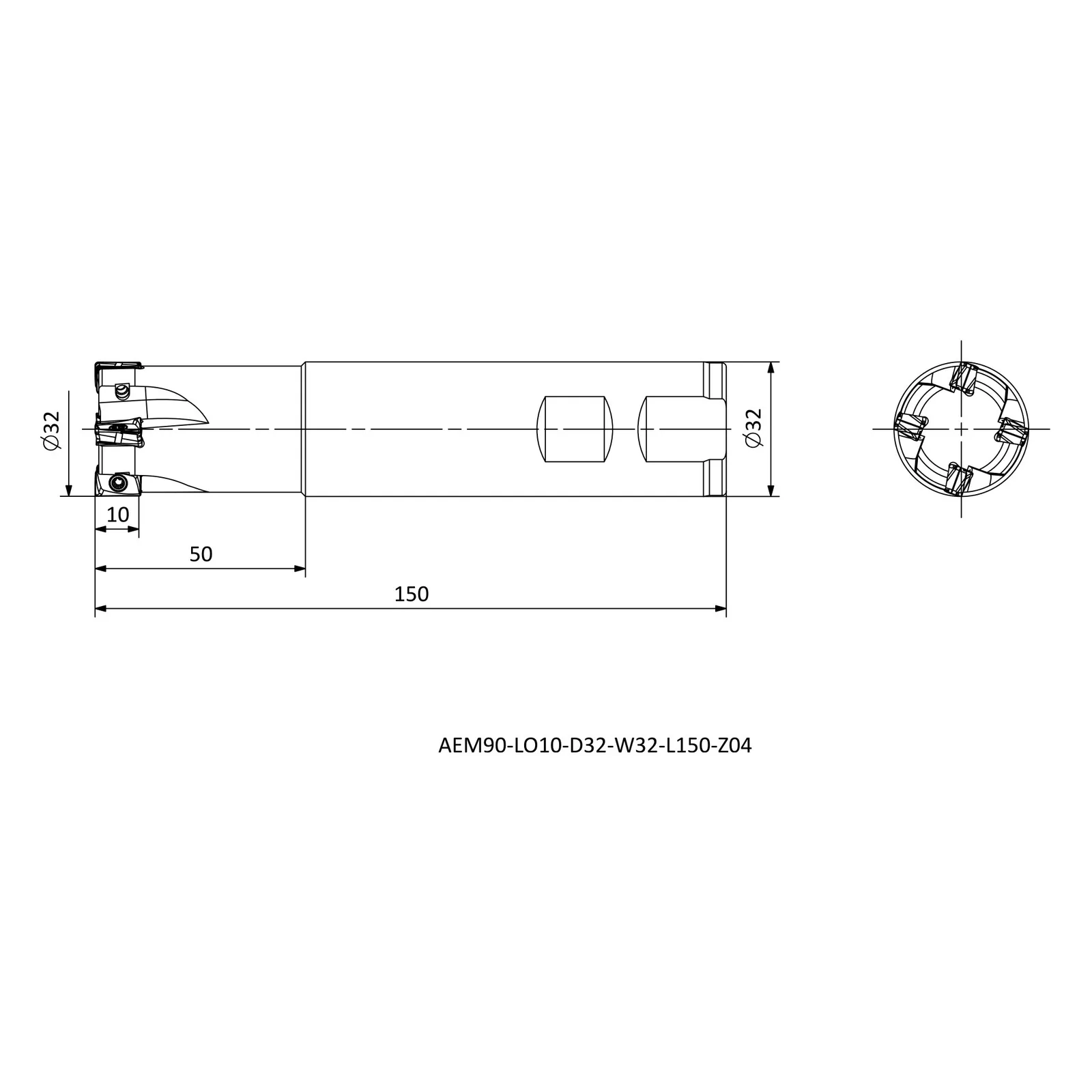 AEM90-LO10-D32-W32-L150-Z04 &mdash; dimensioned drawing