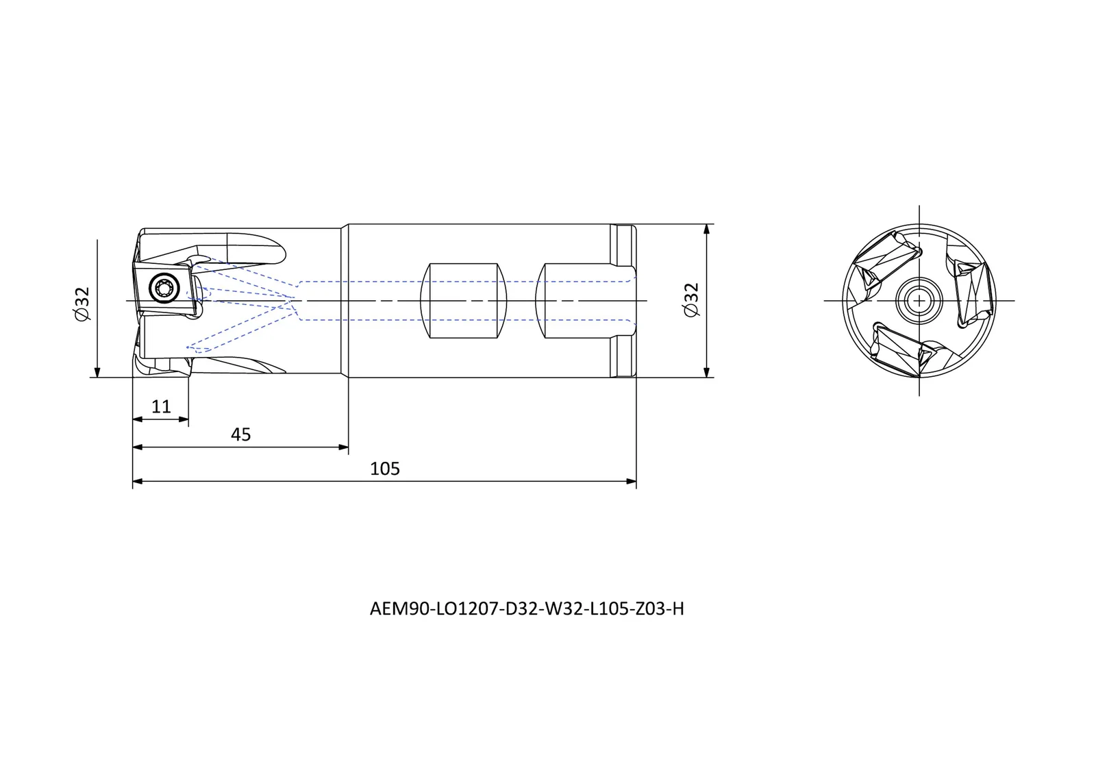 AEM90-LO1207-D32-W32-L105-Z03-H &mdash; dimensioned drawing