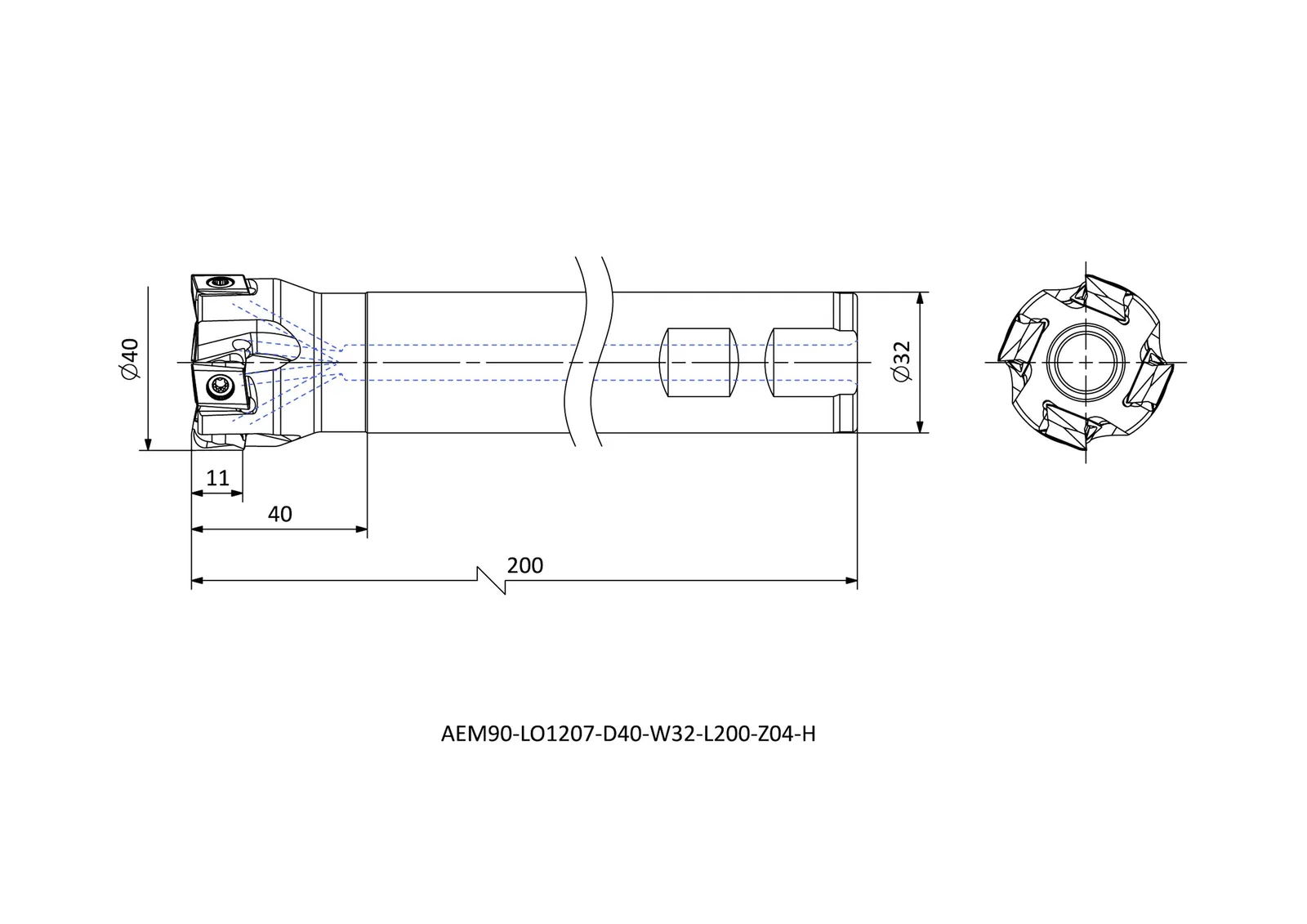 AEM90-LO1207-D40-W32-L200-Z04-H &mdash; dimensioned drawing