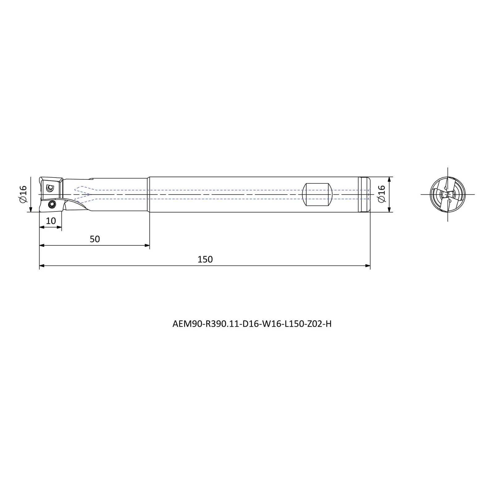 AEM90-R390.11-D16-W16-L150-Z02-H &mdash; dimensioned drawing