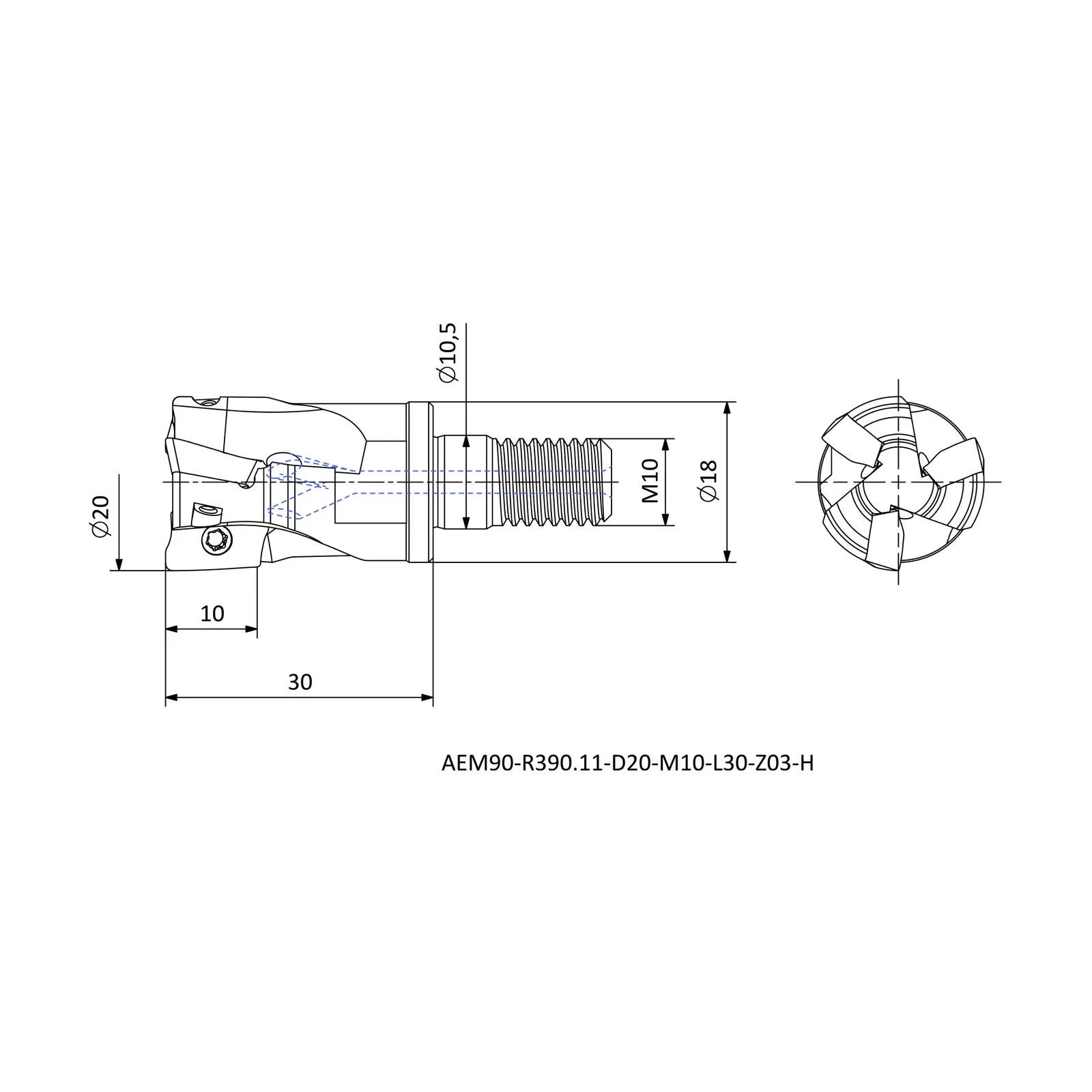 AEM90-R390.11-D20-M10-L30-Z03-H &mdash; dimensioned drawing