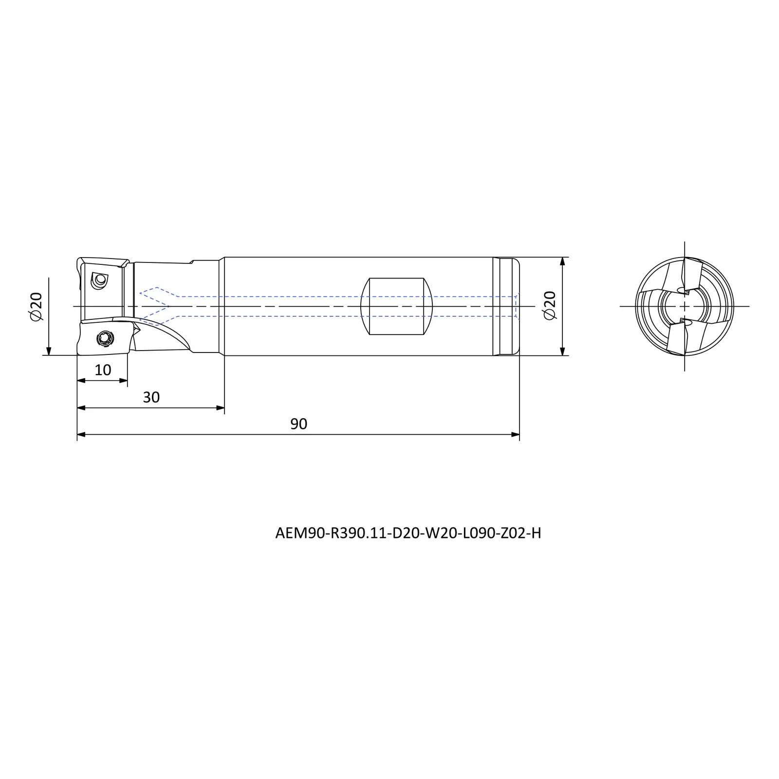 AEM90-R390.11-D20-W20-L090-Z02-H &mdash; dimensioned drawing