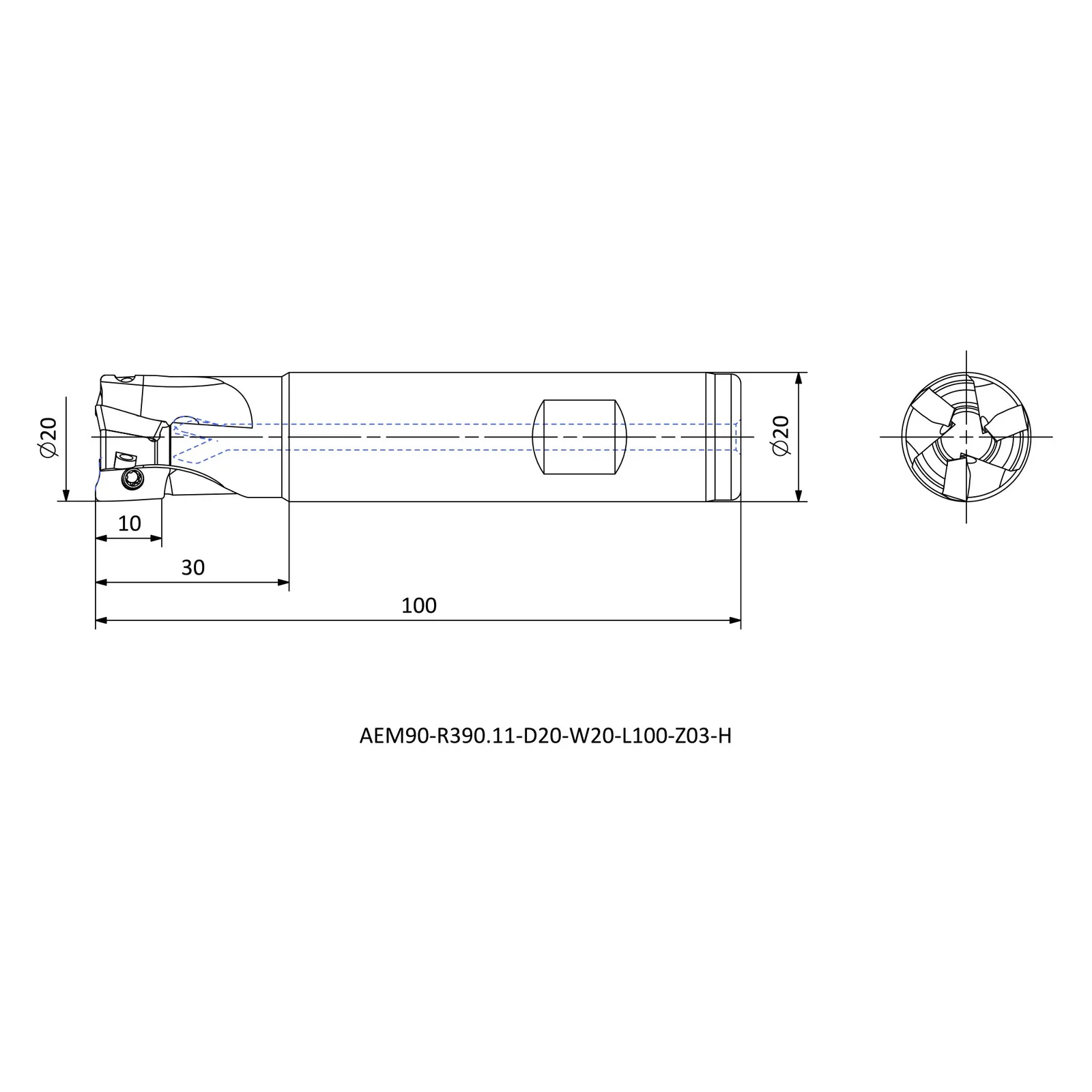 AEM90-R390.11-D20-W20-L100-Z03-H &mdash; dimensioned drawing