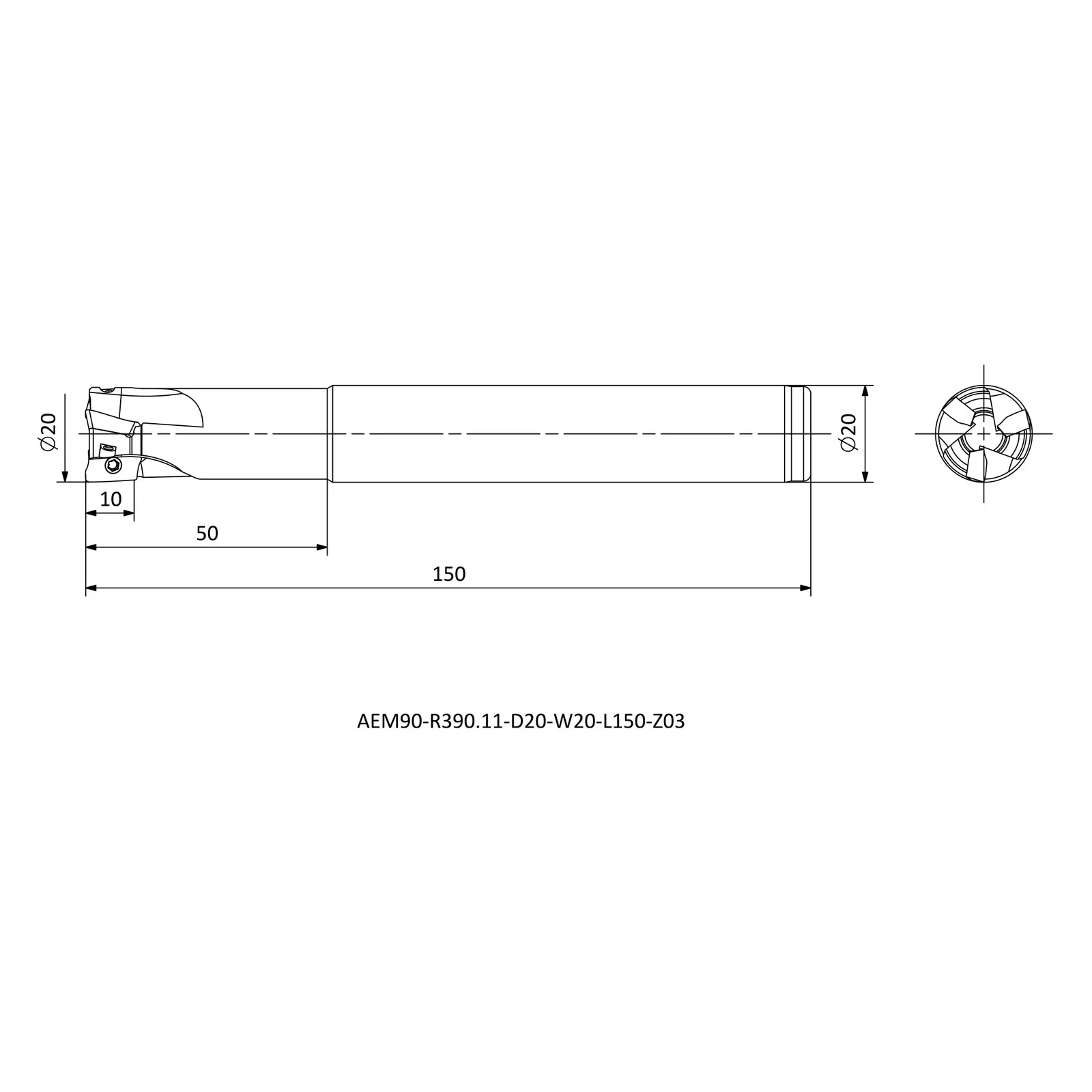 AEM90-R390.11-D20-W20-L150-Z03 &mdash; dimensioned drawing