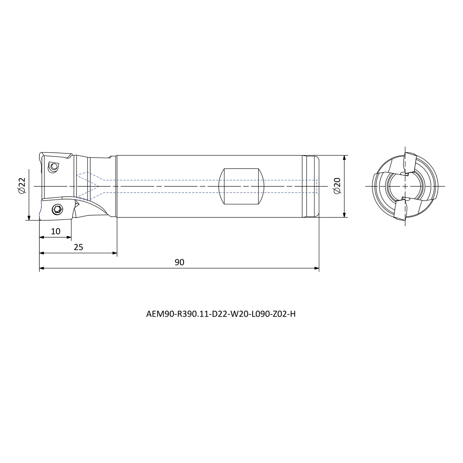 AEM90-R390.11-D22-W20-L090-Z02-H &mdash; dimensioned drawing