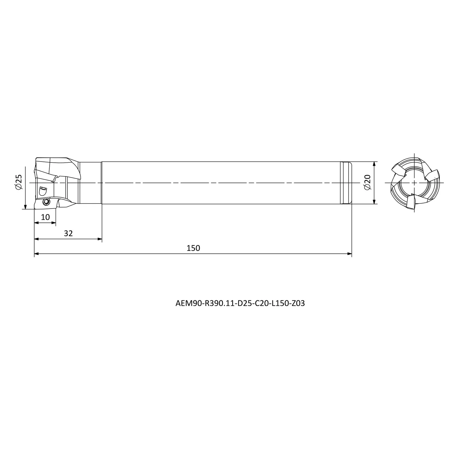 AEM90-R390.11-D25-C20-L150-Z03 &mdash; dimensioned drawing