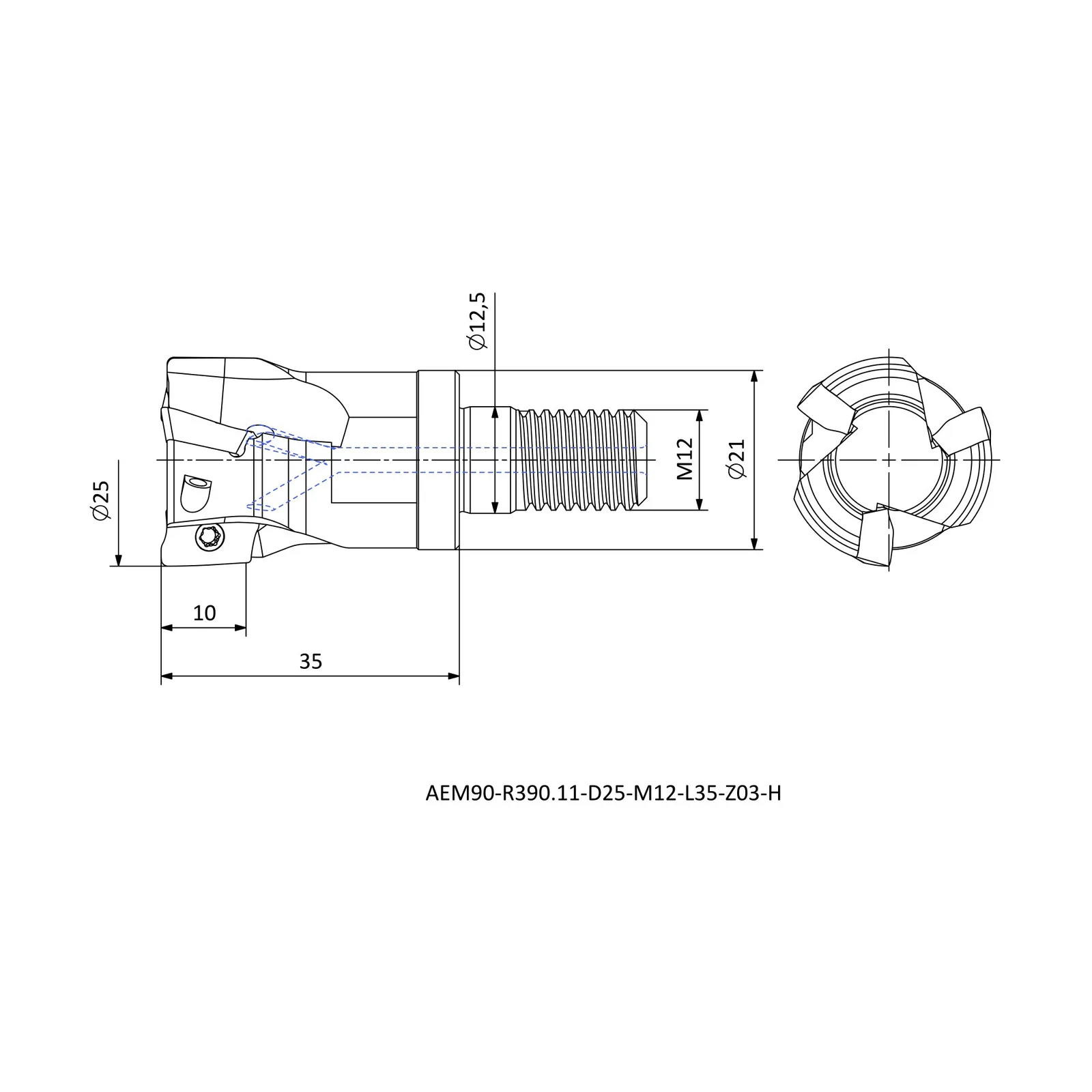 AEM90-R390.11-D25-M12-L35-Z03-H &mdash; dimensioned drawing