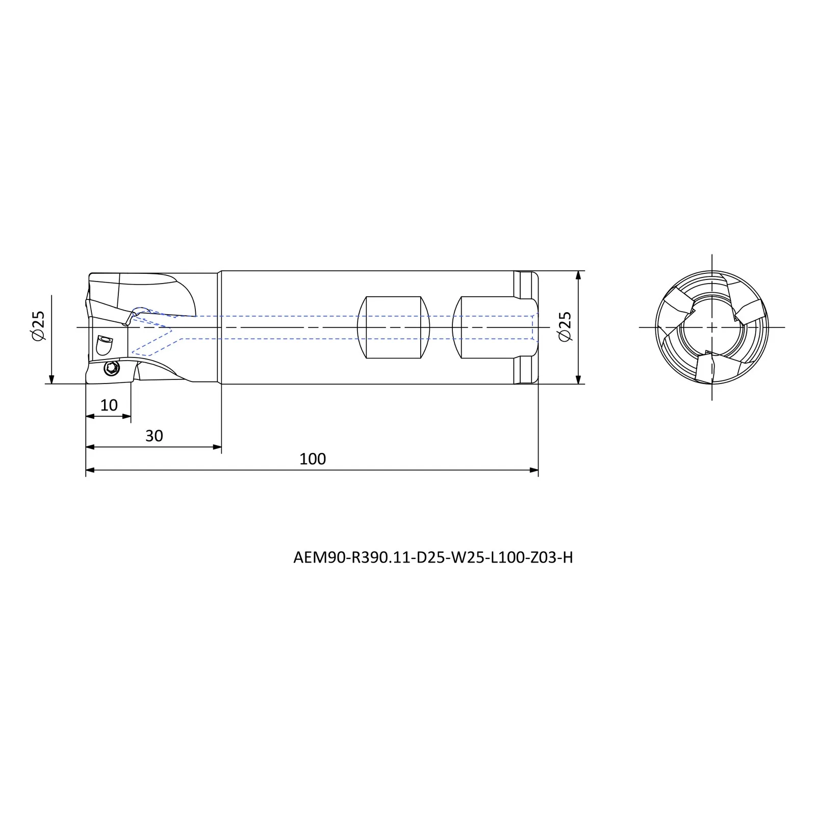 AEM90-R390.11-D25-W25-L100-Z03-H &mdash; dimensioned drawing